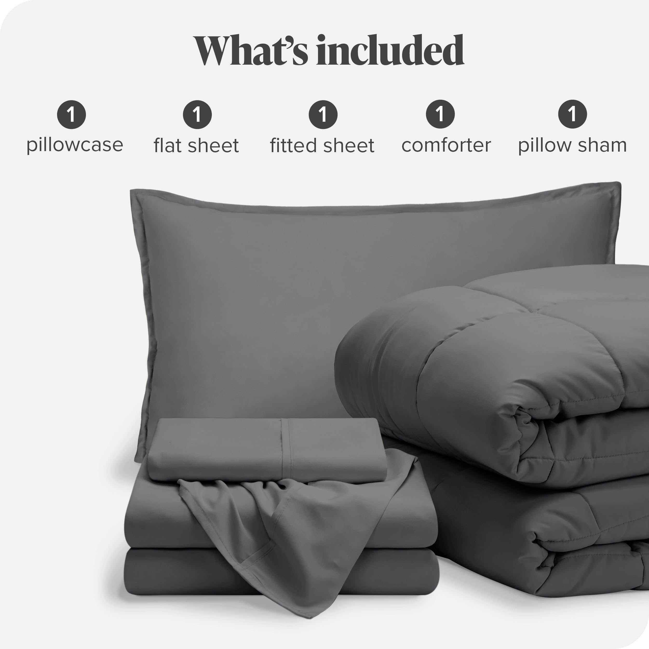 Bare Home 5-Piece Bed-in-A-Bag Comforter Set with Sheets - Twin XL Size, Goose Down Alternative, Ultra-Soft 1800 Thread Count Premium Bedding (Grey) - Perfect for Dorms, Guest Rooms & Cozy Bedrooms