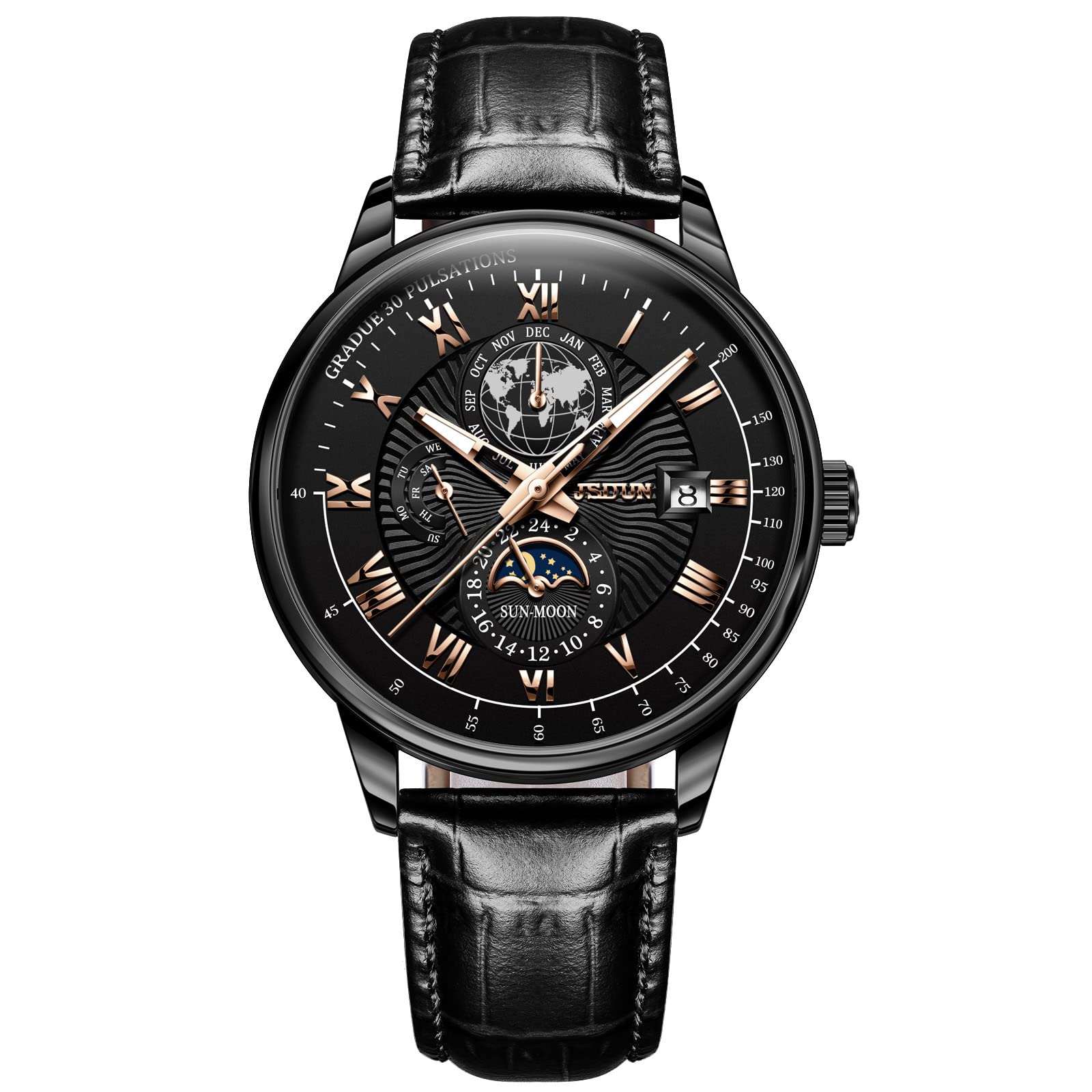 Automatic Mechanical Men's Watch with Genuine Leather Strap - Self-Winding Sun & Moon Phase Display, 50m Waterproof, Date/Week/Month Calendar, Luminous Hands - Perfect for Business, Formal Events & Everyday Wear