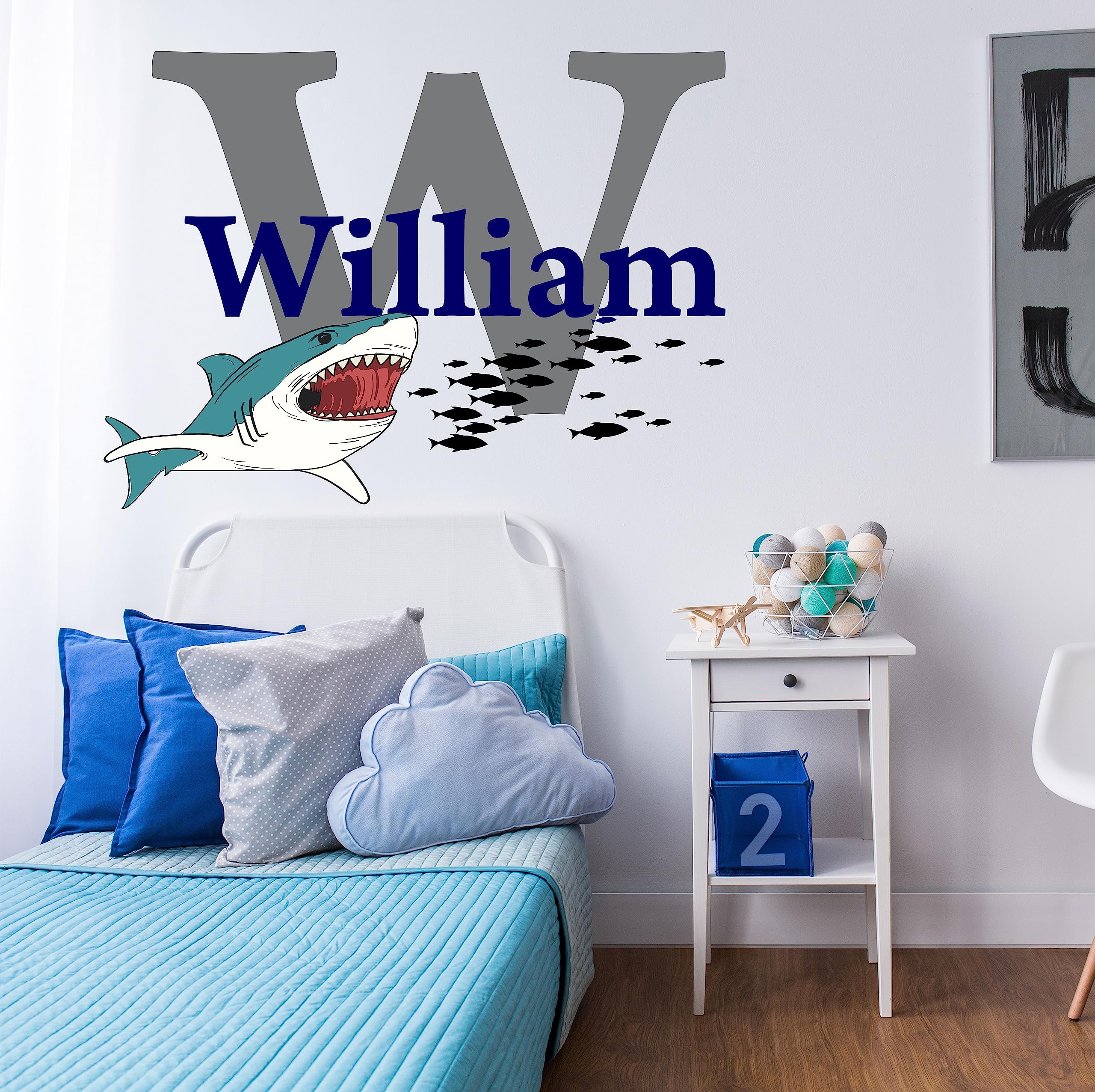 Personalized Boys Shark Wall Decal - Custom Name & Initial Nursery Vinyl Sticker, Great White Shark Bite Design, Medium Size Wall Art for Kids Room Decor | Perfect for Baby Shower Gifts & Ocean Theme Bedrooms