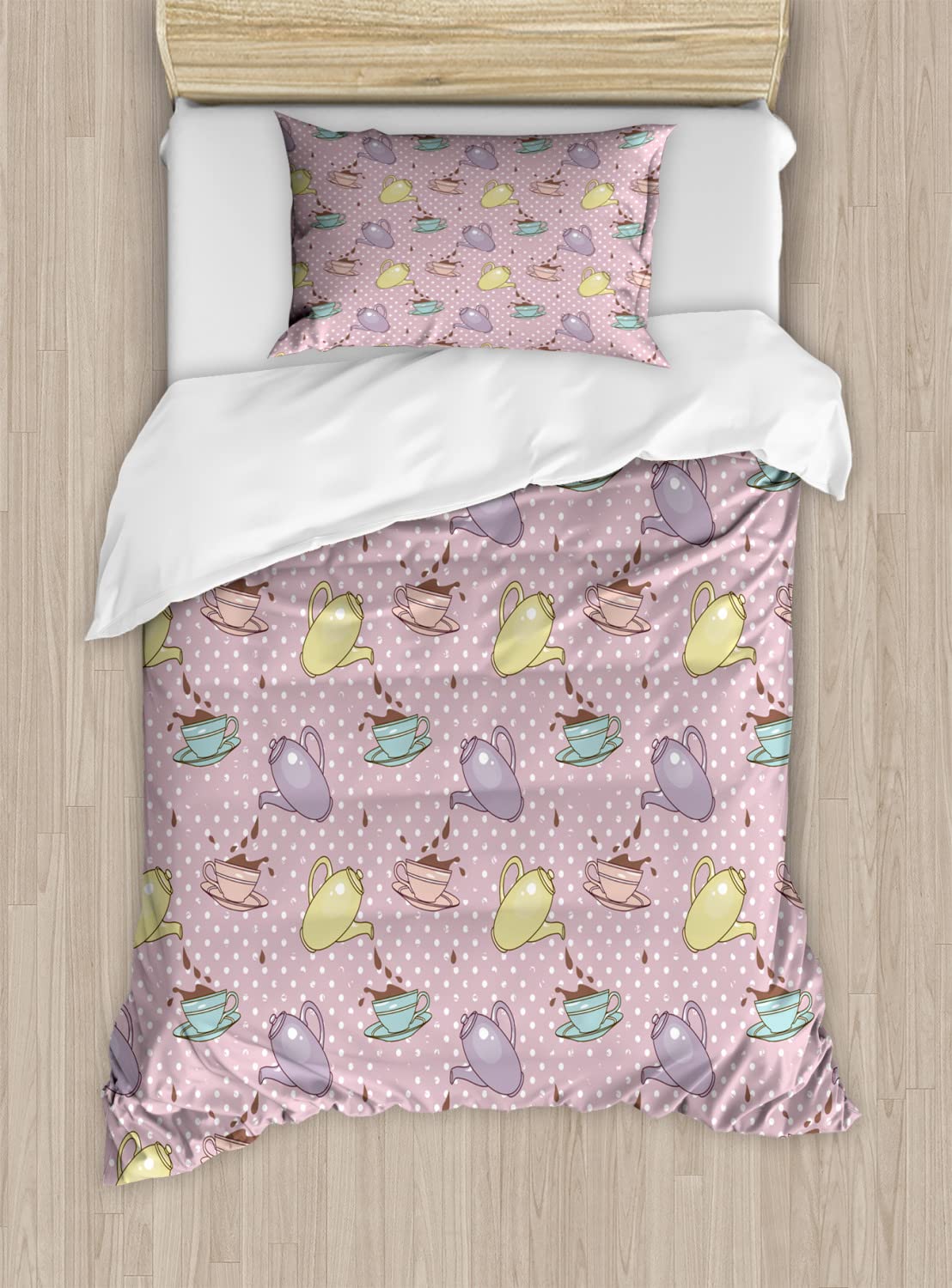 Ambesonne Tea Party Duvet Cover Set - Queen Size 2-Pack with 4 Pillowcases | Retro Cartoon Teapot & Teacup Design on Polka Dot Background | Pale Green Turquoise Bedding for Guest Room, Kids Room & Vintage Themed Decor