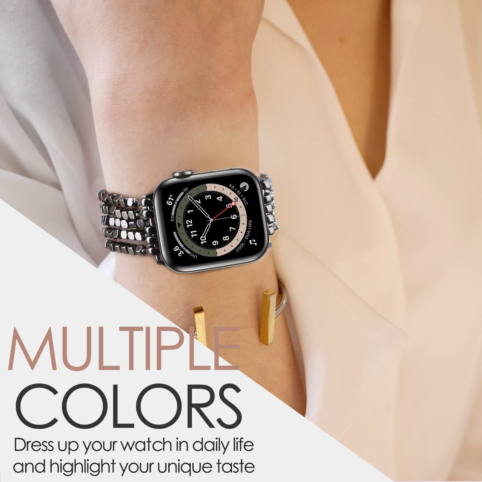 MOFREE Arrow & Black Beaded Stretch Bracelet Compatible with Apple Watch 40mm/38mm/41mm (Series 7/SE/6/5/4/3/2/1) - Handmade Elastic Women's Fashion Strap for iWatch - Perfect for Workouts, Office & Casual Wear