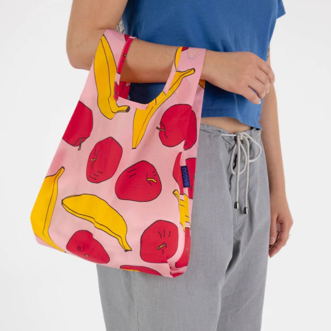 Baby Baggu Reusable Shopping Tote Bag - Light Pink Apples & Bananas Print - Eco-Friendly Grocery Bags for Moms, Diaper Bags & Beach Tote
