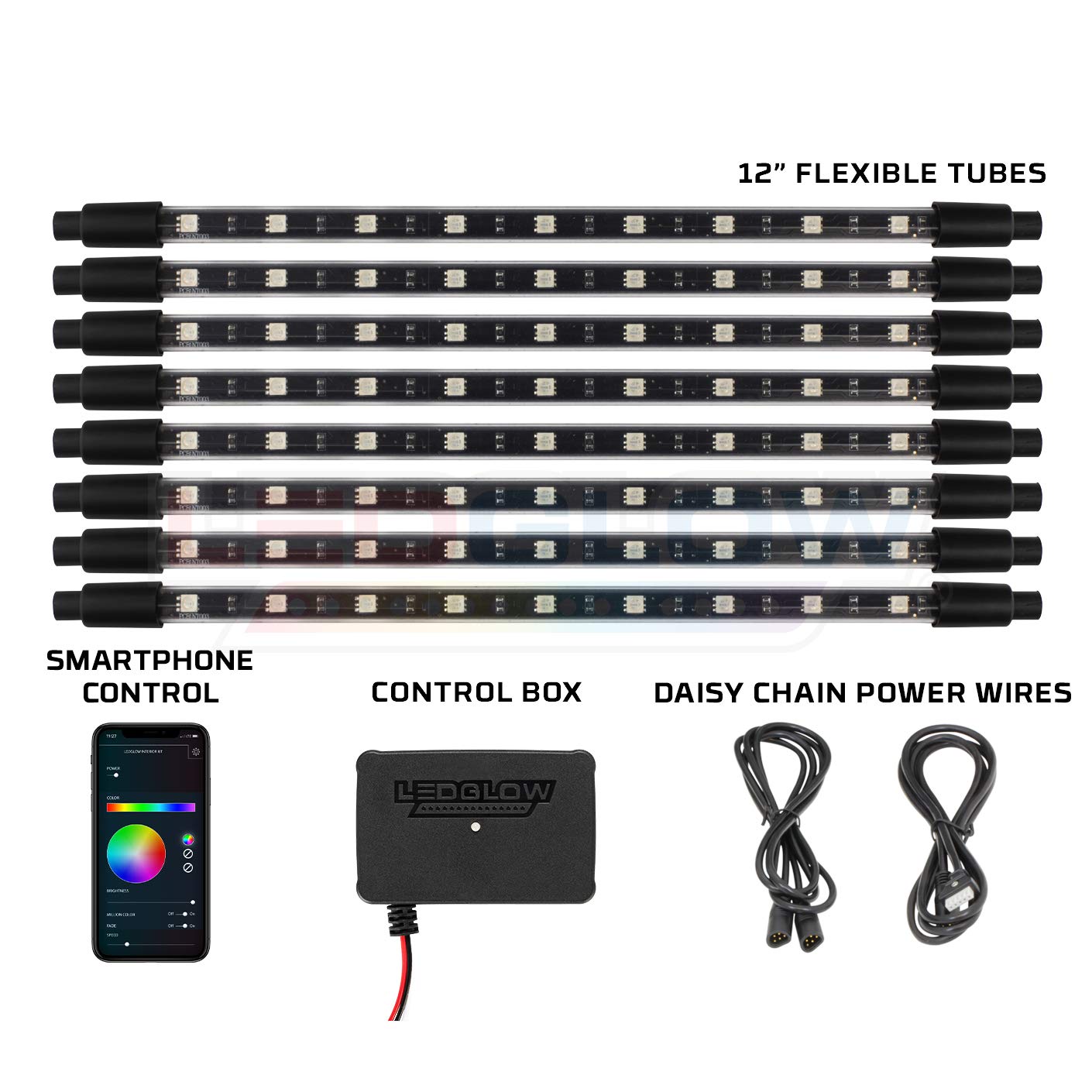 LEDGlow 8-Piece Bluetooth Multi-Color LED Interior Car Lighting Kit with Smartphone App - Customizable RGB Footwell & Underdash Neon Lights for Cars, Trucks & SUVs - Music Sync Mode & Universal Control Box - Perfect for Night Driving & Car Shows