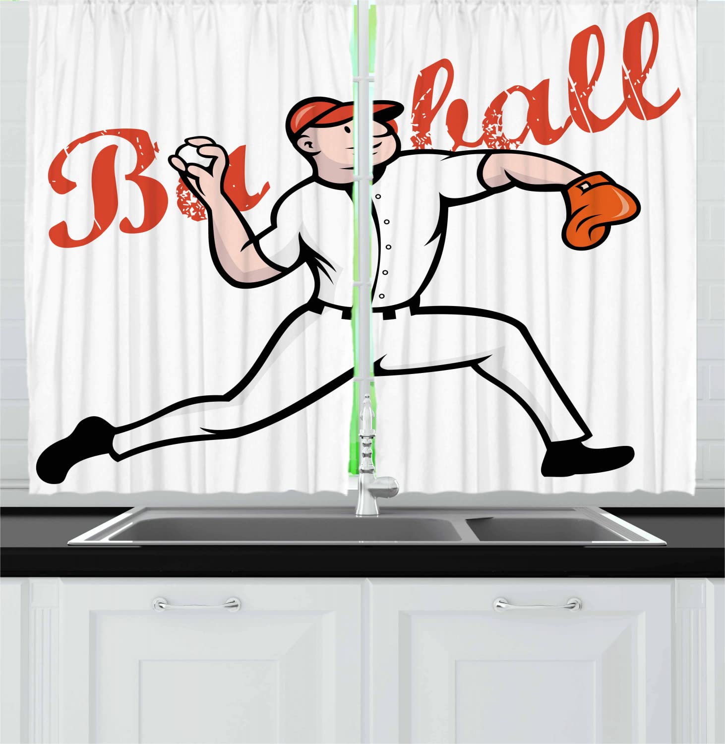 Vintage Baseball Player Cartoon Kitchen Curtains - 2 Panel Set with Rod Pocket, 55