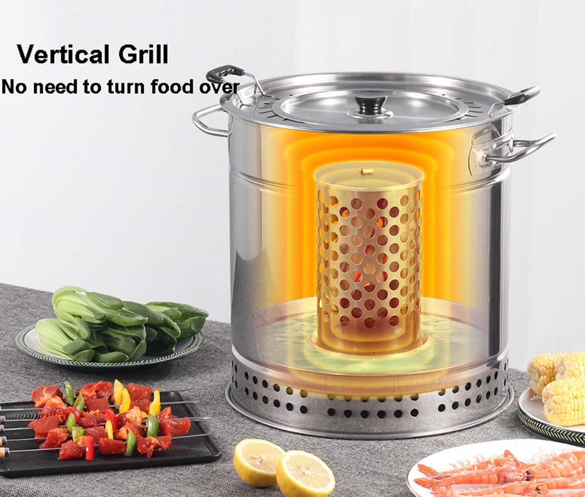 Portable Vertical Charcoal Smoker Grill - 28 Skewers Included - Outdoor & Indoor BBQ Grill for Camping, Backyard, Tailgating - Smokeless Barrel Grill for Perfect Ribs, Chicken & Vegetables
