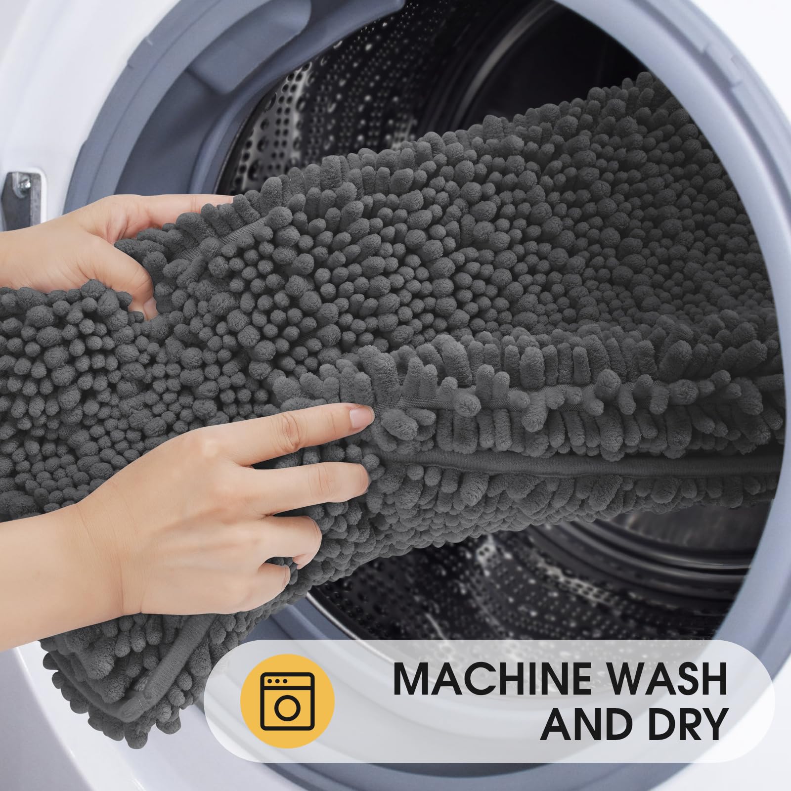 ACCUMTEK Extra Large Bathroom Rug Set - 3 Piece Gray Ultra Soft Chenille Bath Mats, Thick Absorbent & Non-Slip Toilet Mat for Bathroom, Bedroom, Kitchen - Perfect for Cozy Home Decor & High-Traffic Areas