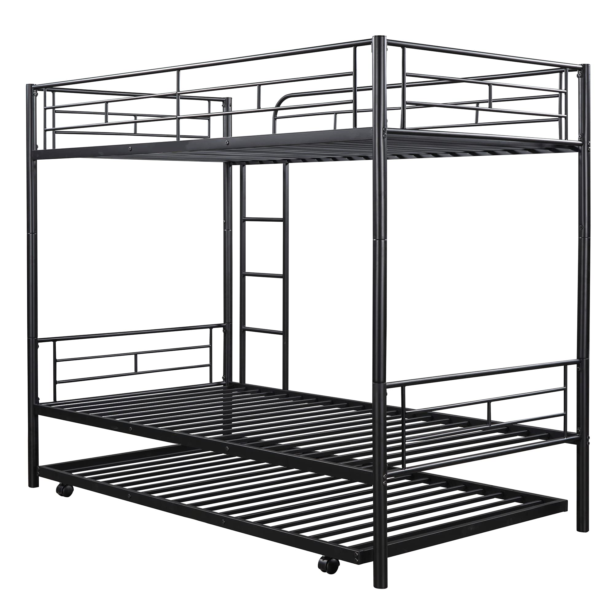 Harper & Bright Designs Twin Over Twin Metal Bunk Bed with Trundle - Convertible to 2 Separate Beds - Heavy Duty Triple Bed Frame with Ladders & Safety Guard Rails - Space Saving Solution for Kids, Teens & Guest Rooms (Black) - Perfect for Small Bedrooms, Vacation Homes & Dormitories