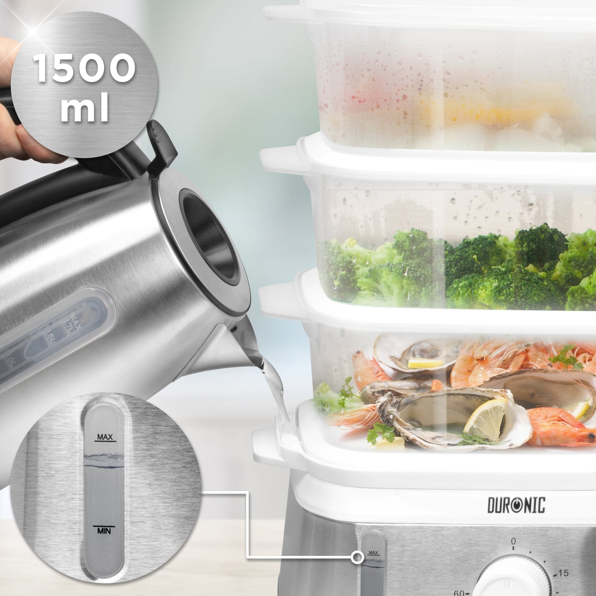 Duronic FS95 3-Tier Electric Food Steamer | 9L Capacity for Vegetables, Eggs, Rice, Meat & Fish | Healthy Cooking for Baby Food, Momos & More | Perfect for Kitchens, Restaurants & Meal Prep