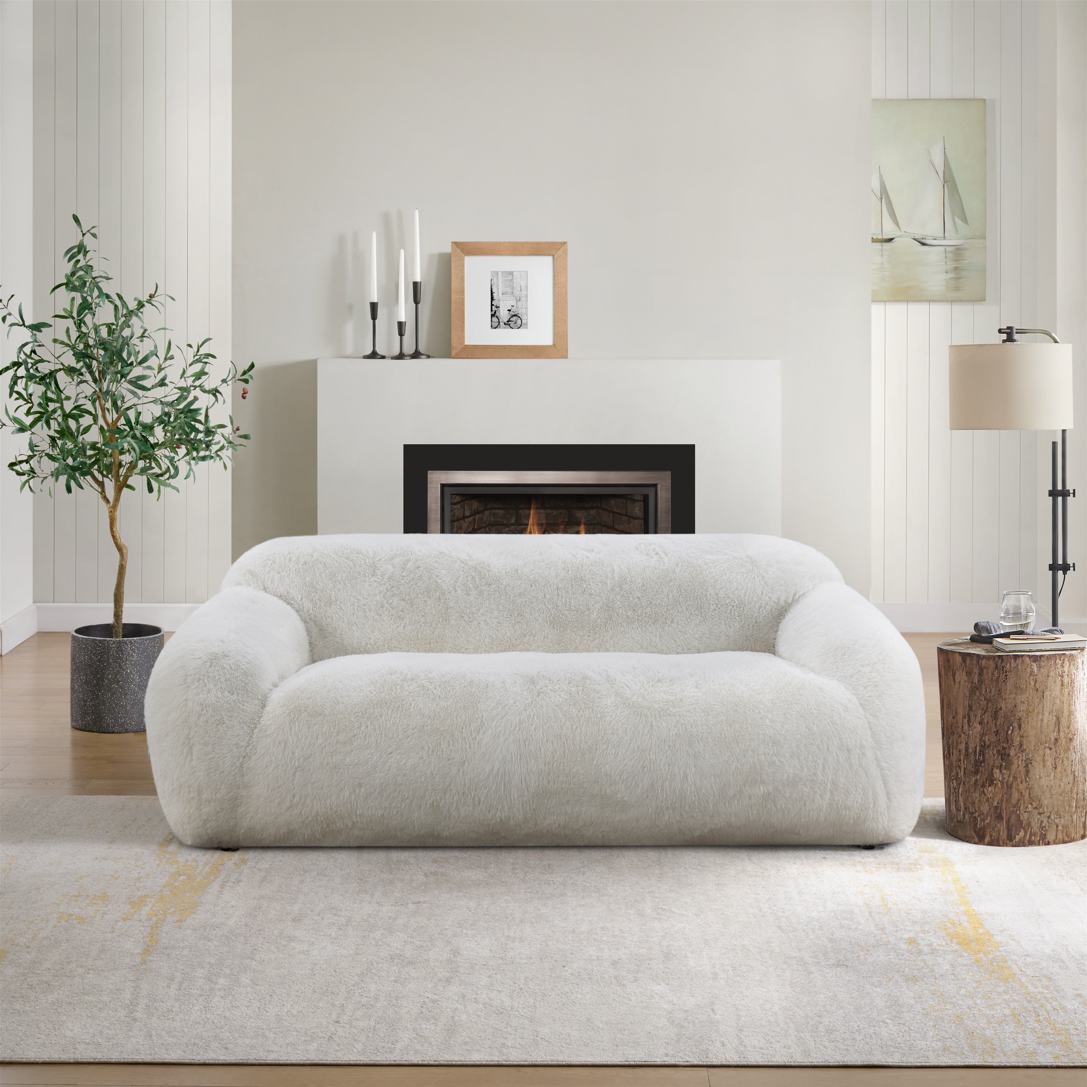 Roundhill Furniture Adell Polar Bear Faux Fur Upholstered Sofa - Luxurious White Plush Fabric Living Room Couch for Cozy Home & Winter Decor