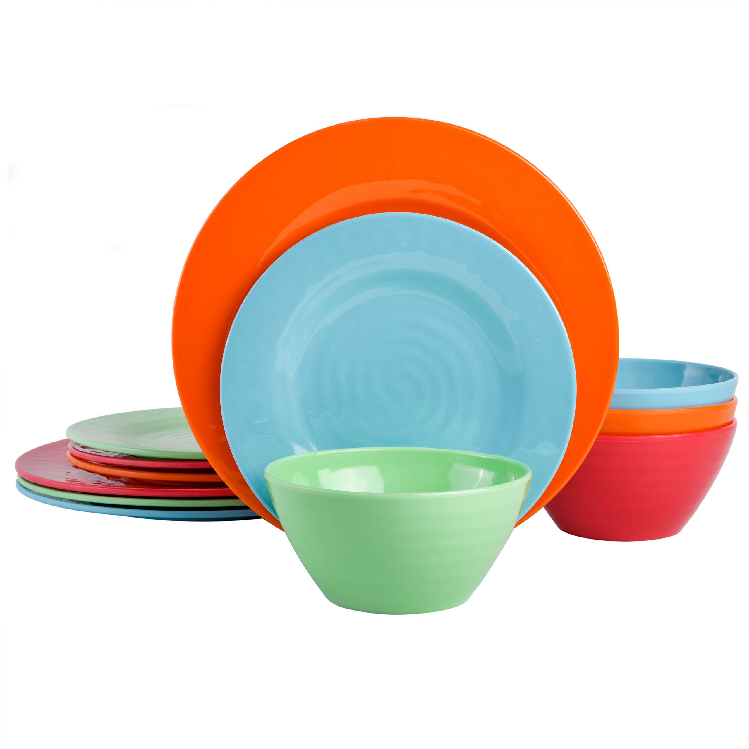 Premium Gibson Home Melamine Dinnerware Set - 12-Piece Service for 4 (Plates, Bowls & Mugs) - Durable & Stylish for Indoor/Outdoor Dining, Picnics & Entertaining