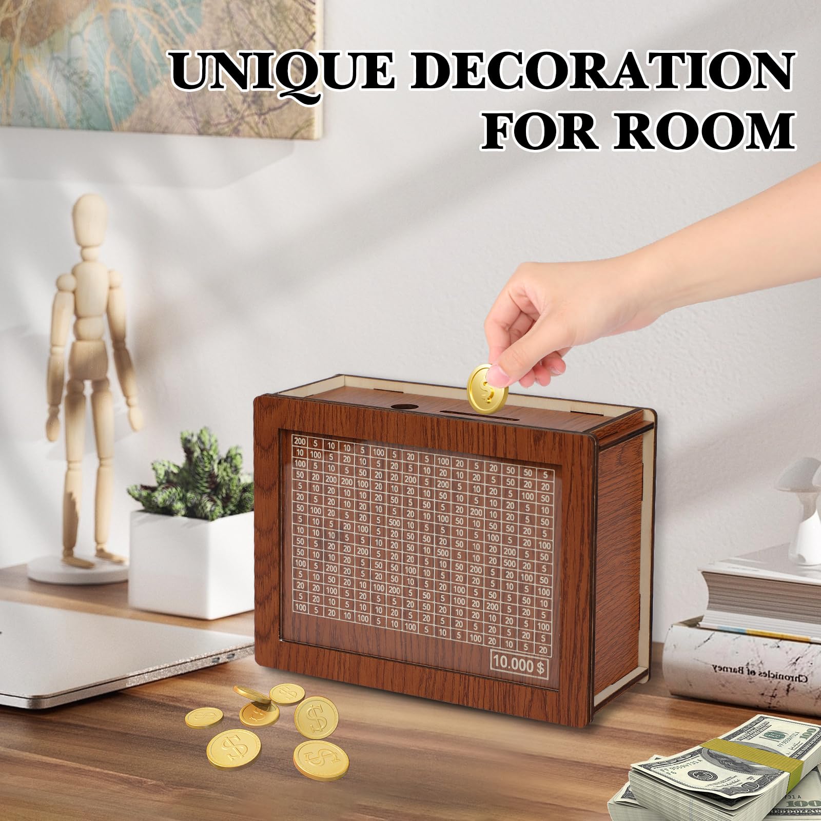 Wooden Money Saving Box with Counter & Marker - Portable Cash Saver for Savings Challenges (10,000 USD Goal) - Perfect for Budgeting, Piggy Bank Alternative & Financial Goal Tracking