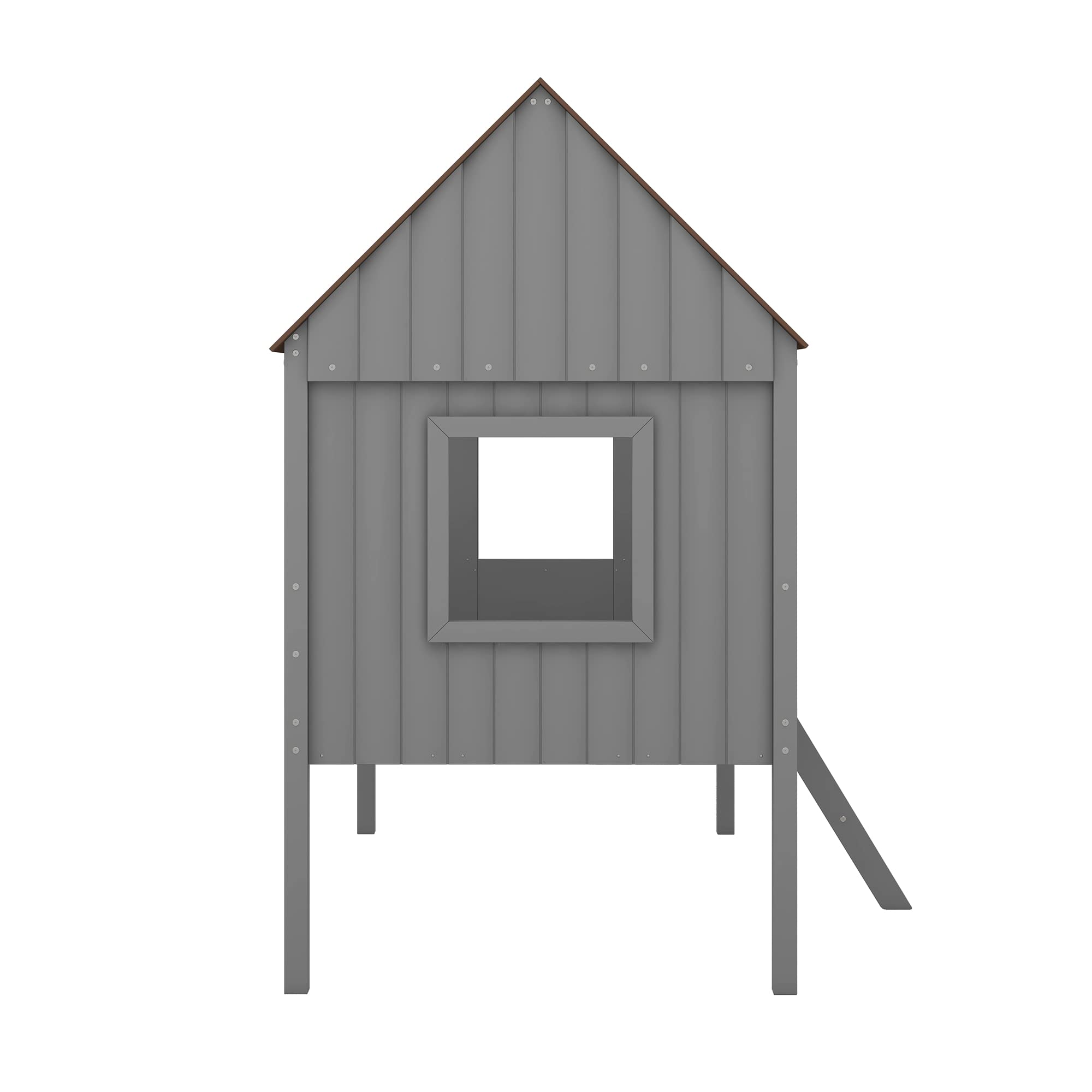 Twin Size Low Loft Bed for Kids - Wooden House Bed Frame with Side Windows, Roof & Safety Rails - Antique Gray - Perfect for Small Rooms & Play Areas