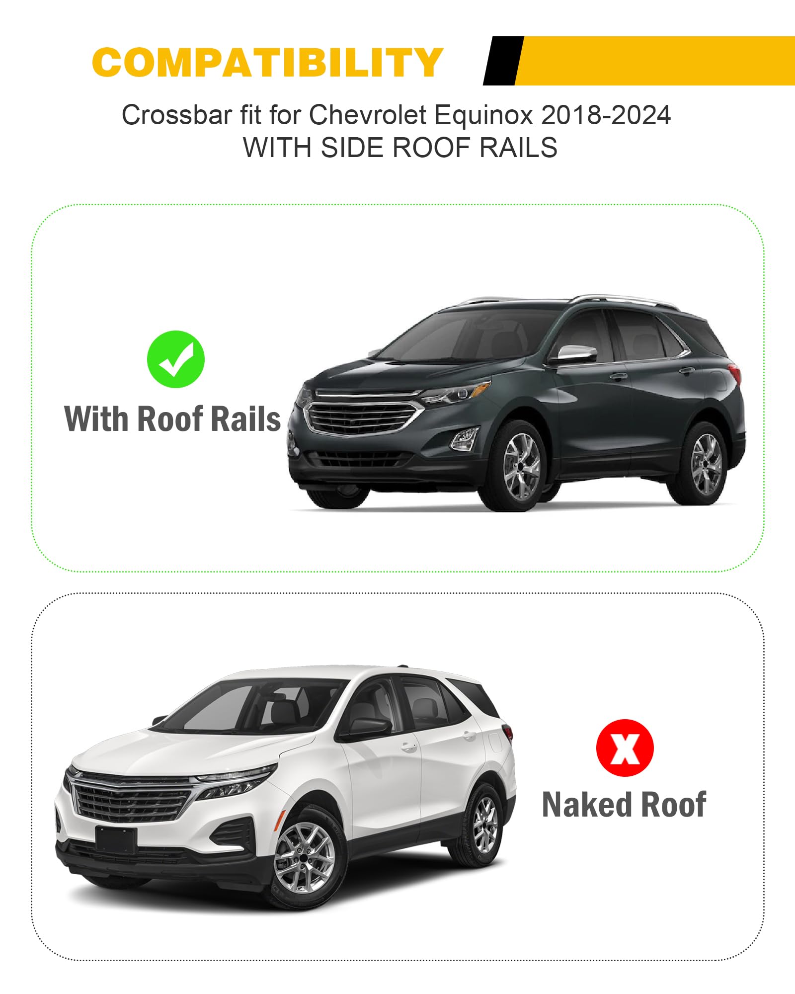 Heavy Duty Cross Bars Roof Rack for Chevrolet Chevy Equinox 2018-2024 | Universal Luggage Rack Crossbar Cargo Carrier with Side Rails | Perfect for Camping, Road Trips & Outdoor Adventures