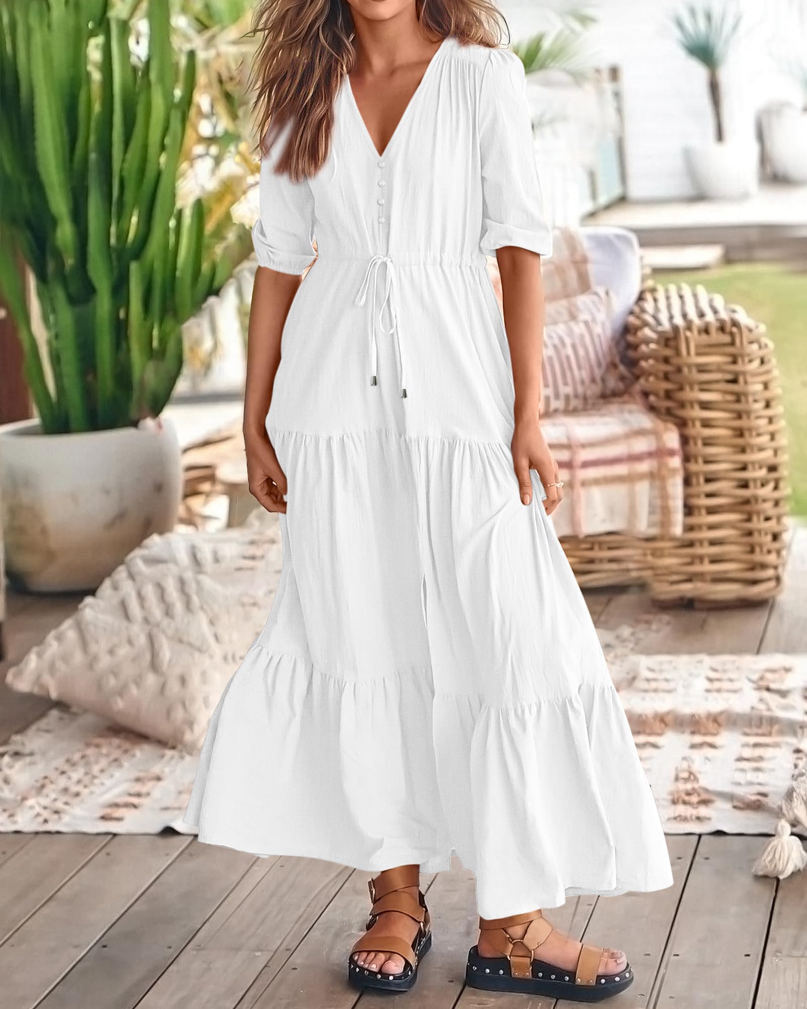 BTFBM Women's Summer Maxi Dress - Short Sleeve V-Neck Button Down Boho Long Dress with Drawstring Waist, Solid Color Casual Beach Dress for Vacation, Party & Everyday Wear