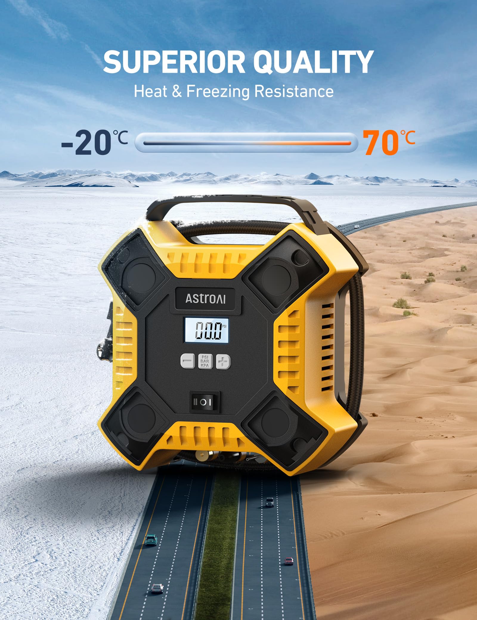 AstroAI Portable Tire Inflator Air Compressor - 12V DC 160PSI Car Air Pump with LED Light & Metal Housing for Cars, Bikes, Motorcycles | Quick Inflation for Road Trips, Emergency Use & Home Garage
