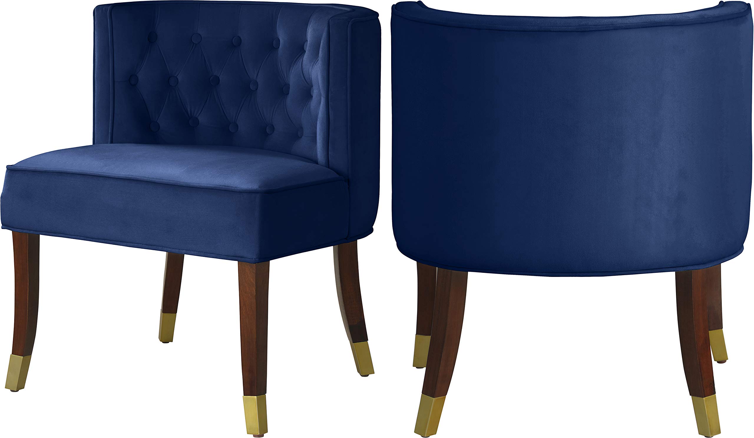 Modern Velvet Upholstered Dining Chairs Set of 2 - Navy Blue Tufted Back with Metal Capped Espresso Wood Legs 24