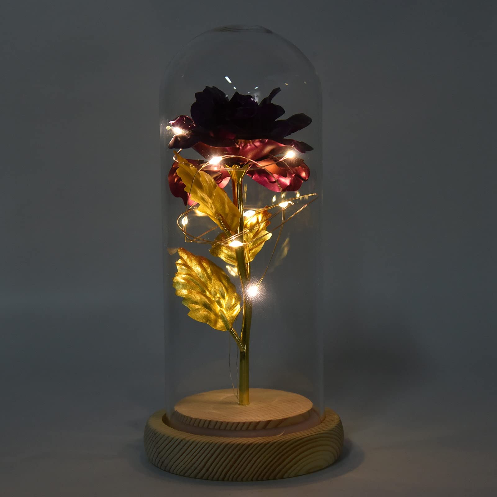 Eternal Purple Rose in Glass Dome with LED Lights - Artificial Soap Flower Gift for Women, Beauty and The Beast Inspired Romantic Home Decor for Christmas, Wedding, Valentine's Day & Anniversary - Perfect for Bedroom Vanity, Wedding Centerpiece or Romantic Gift