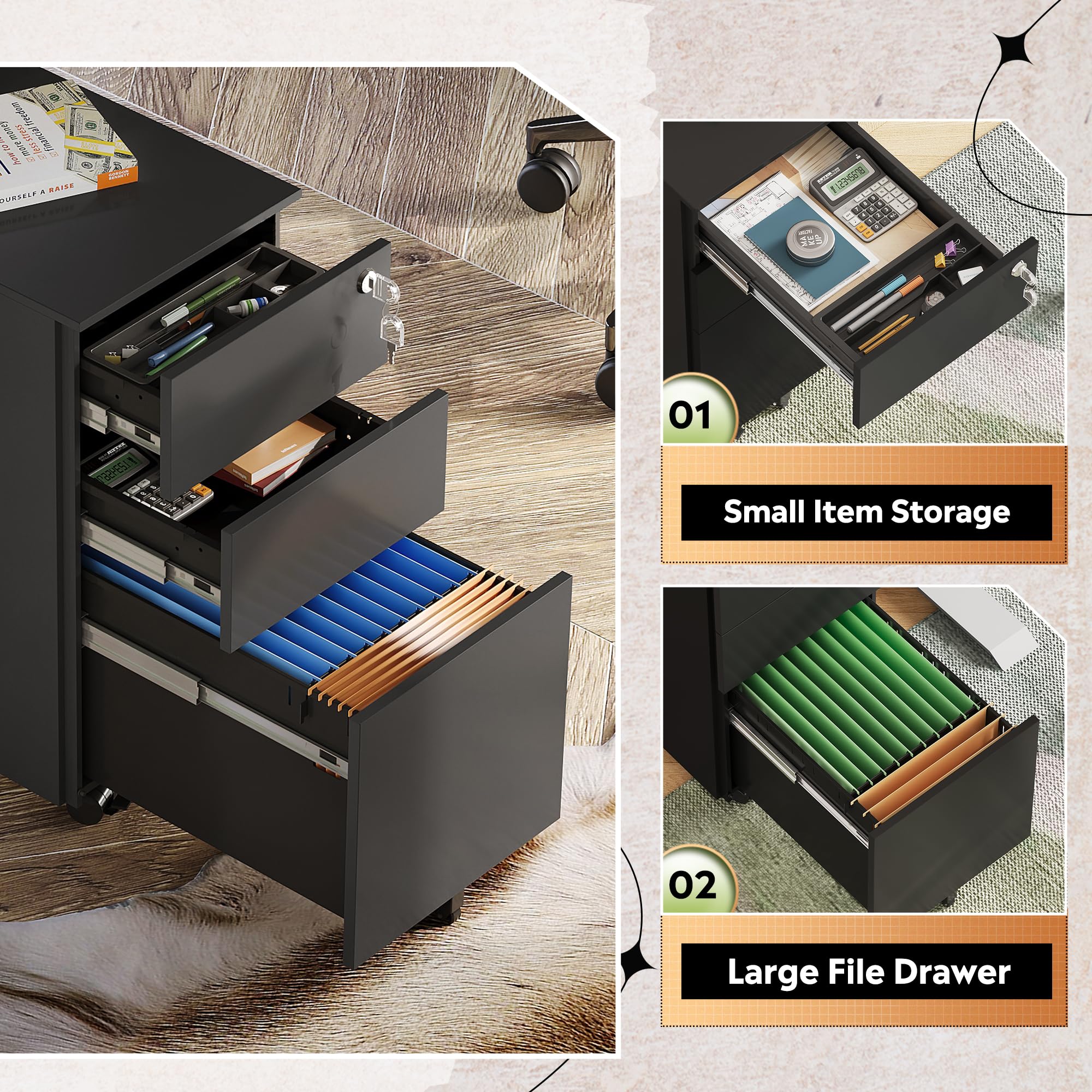 DEVAISE 3-Drawer Locking File Cabinet - Slim Metal Rolling Storage for Home Office (11.8 inch Width) - Black - Perfect for Small Spaces & Under Desk Organization