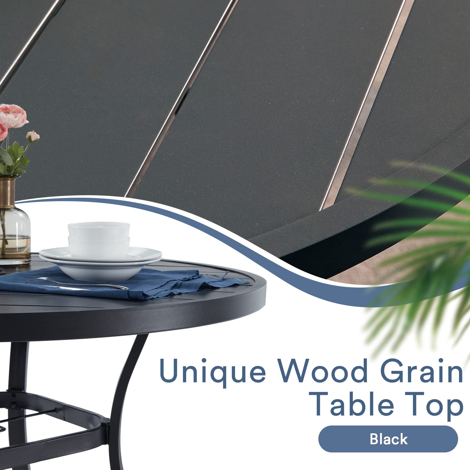 VICLLAX 42 Inch Round Outdoor Patio Dining Table - Metal Slatted Tabletop with Adjustable Umbrella Hole - Weather-Resistant Black Garden Table for Deck, Lawn, Backyard | Perfect for BBQ Parties, Poolside Dining & Outdoor Entertaining