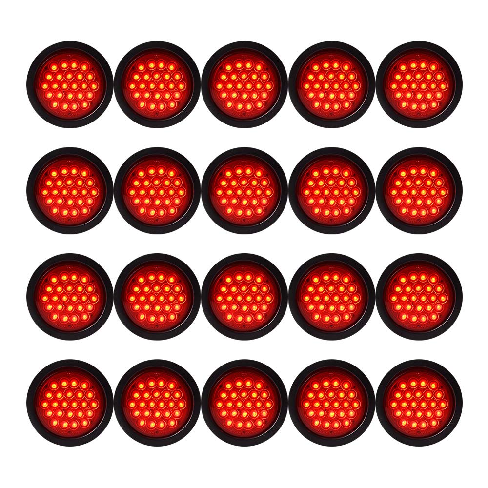 20PCS 4 Inch Round Red 24-LED Tail Lights - Stop, Brake & Running Lamps with Grommet Plug for Truck, Trailer, RV, ATV, UTV & Boat - Durable & Bright for Night Driving & Safety