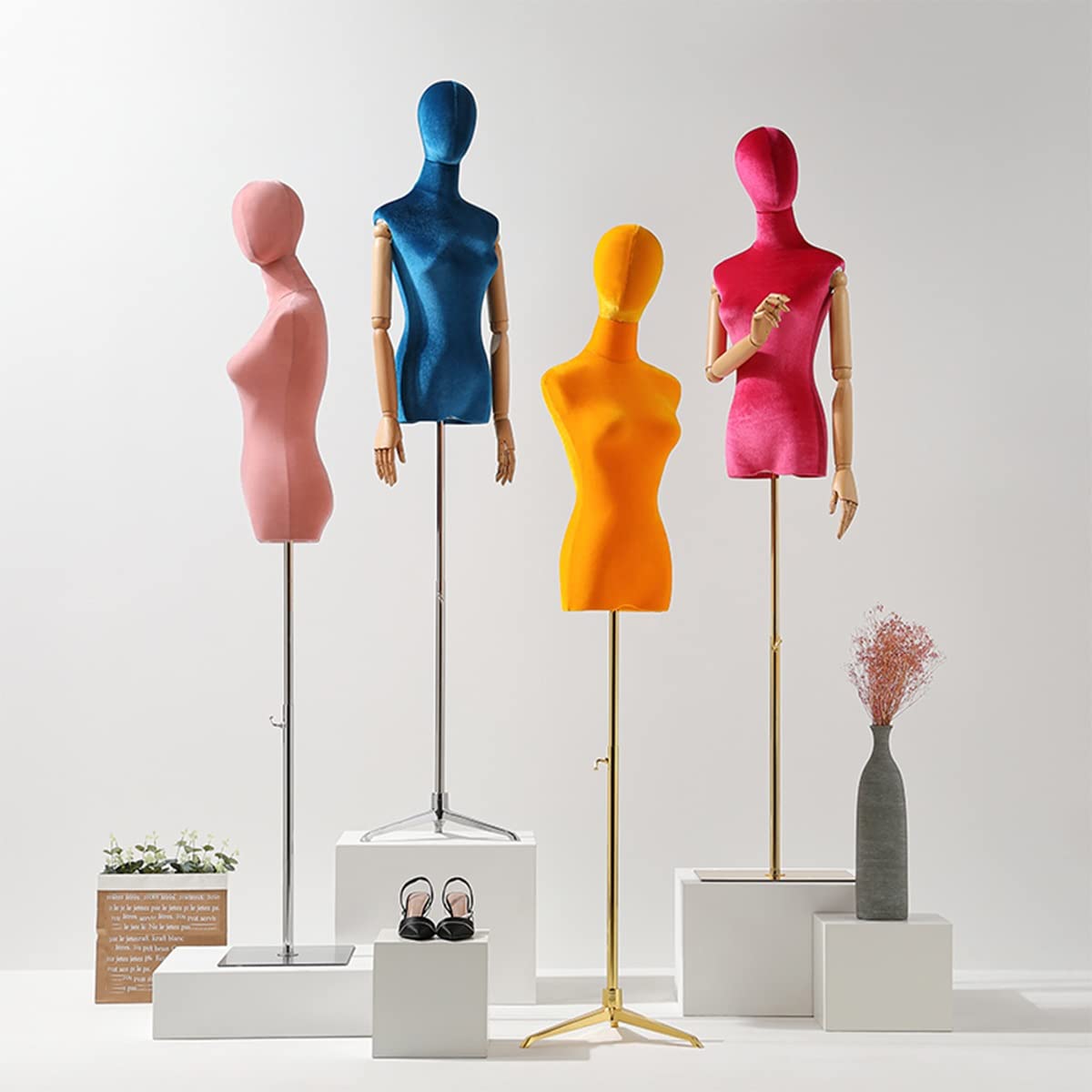 Adjustable Height Green Velvet Female Mannequin Dress Form with Metal Tripod Base & Solid Wood Arms - Half-Length Sewing Model for Clothing Display (Gold, Small Size) | Perfect for Tailors, Fashion Designers & Boutique Visual Merchandising