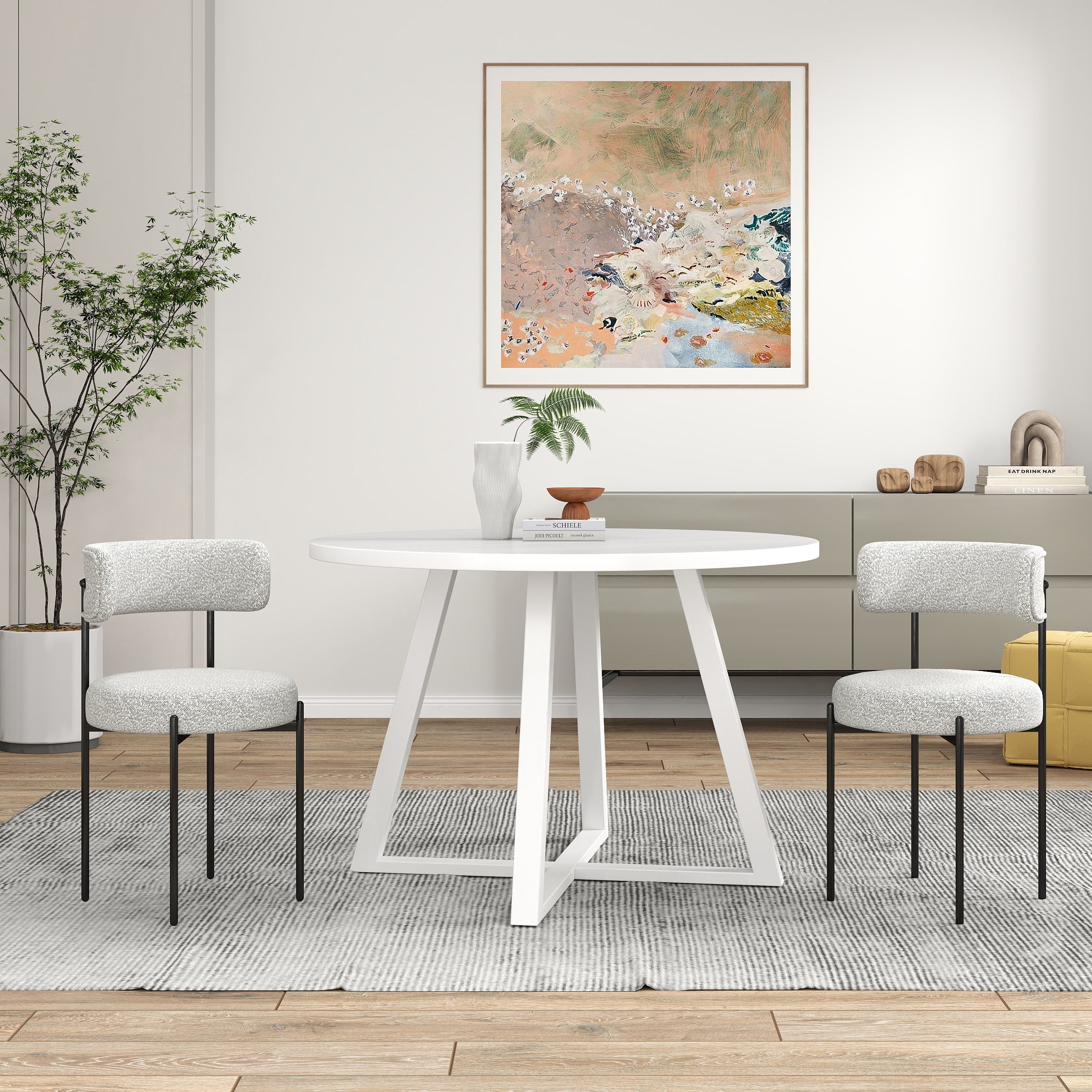 Roundhill Furniture Durban 3-Piece Round Wood Dining Table Set with 2 Boucle Chairs for Small Spaces, Kitchen, Breakfast Nook & Patio
