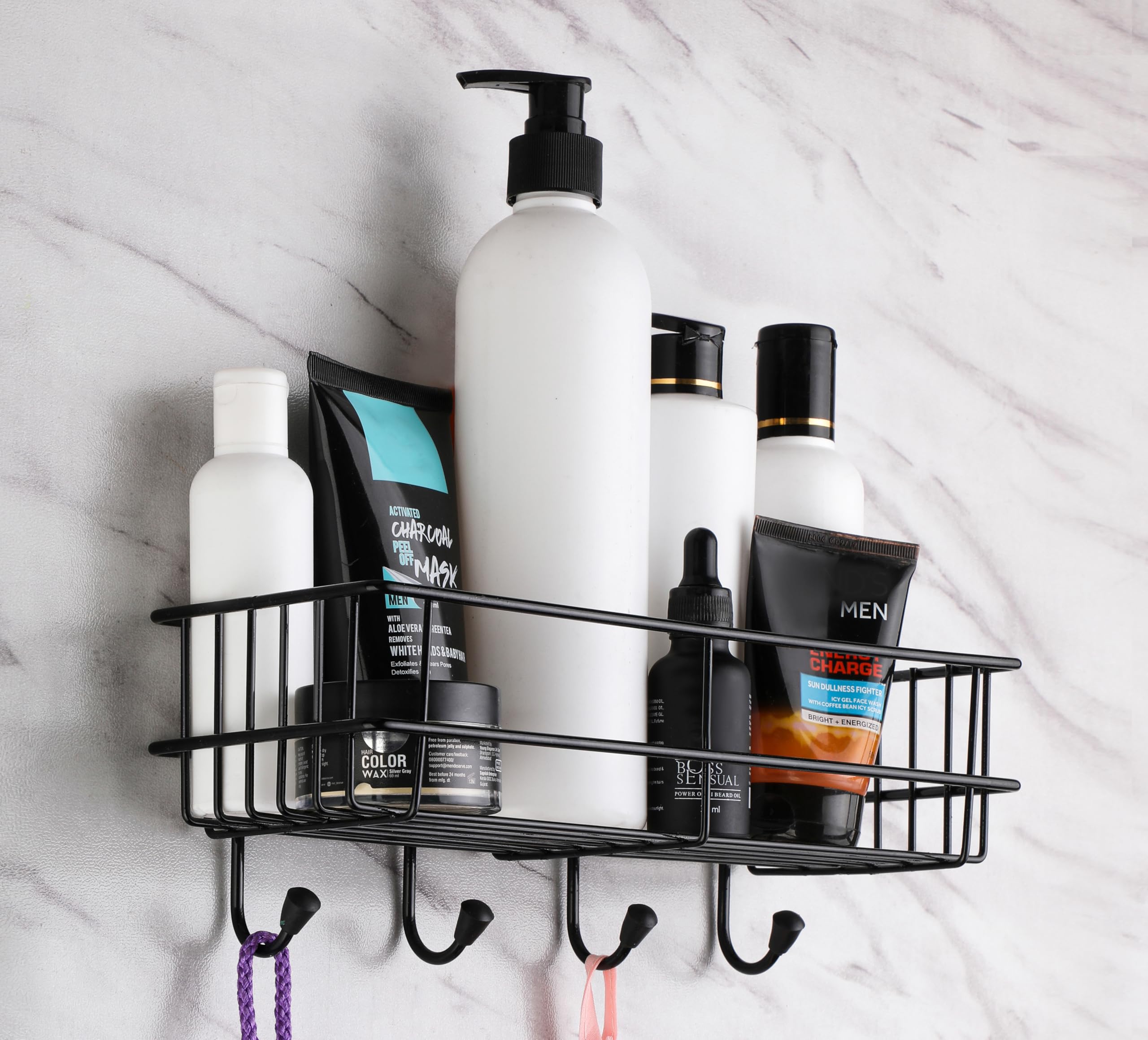 iSTAR GI Steel Self-Adhesive Bathroom Shelf with Hooks - Wall Mounted Towel Holder & Storage Rack - Space Saving Bathroom Organizer for Shower, Toilet & Kitchen (Black, Powder Coated, Pack of 1)
