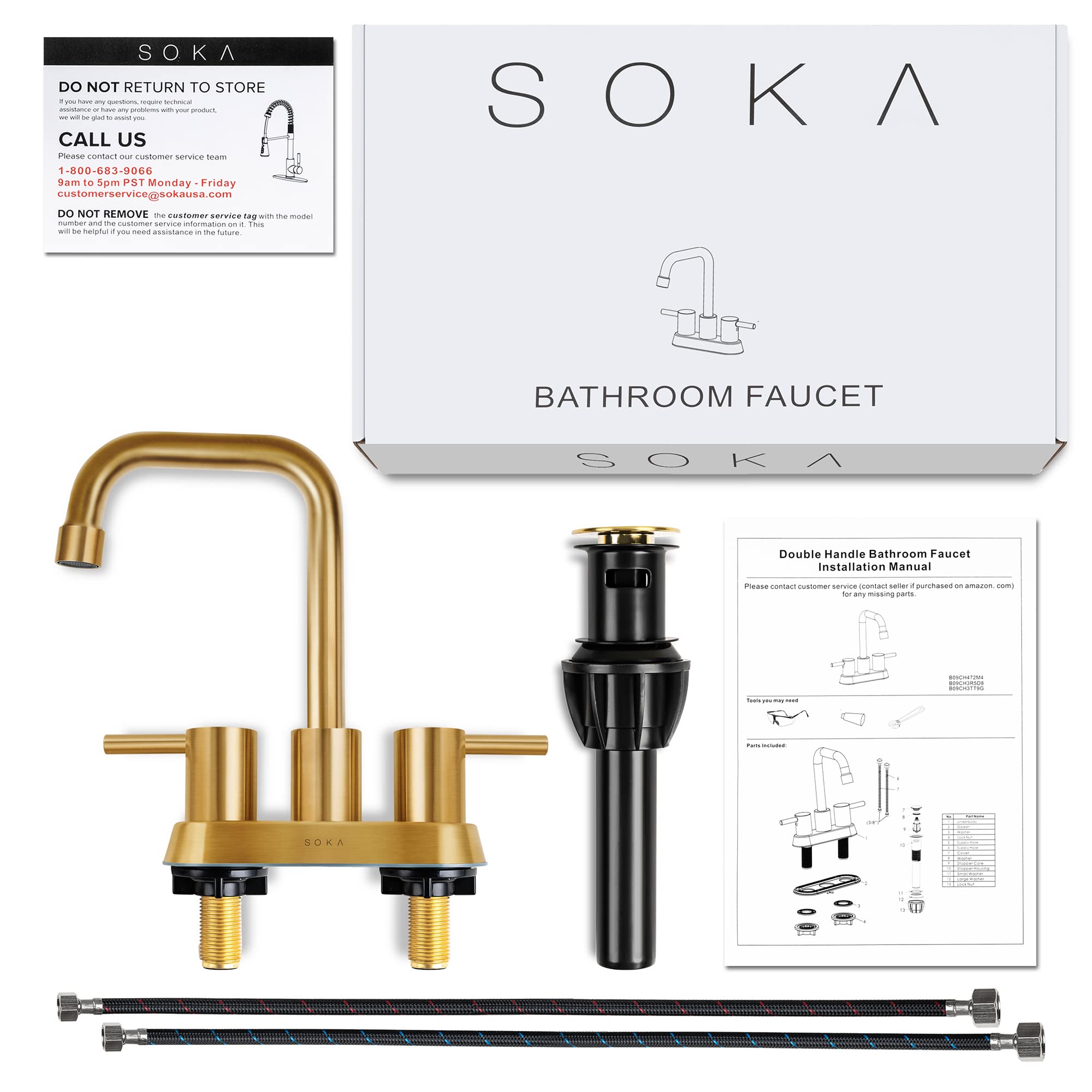 SOKA 4 Inch Centerset Bathroom Faucet - 2 Handle Commercial Hand Sink Touch Faucet with Gooseneck Spout in Gold Finish - Perfect for Restaurant, Salon, and Public Restroom Sinks