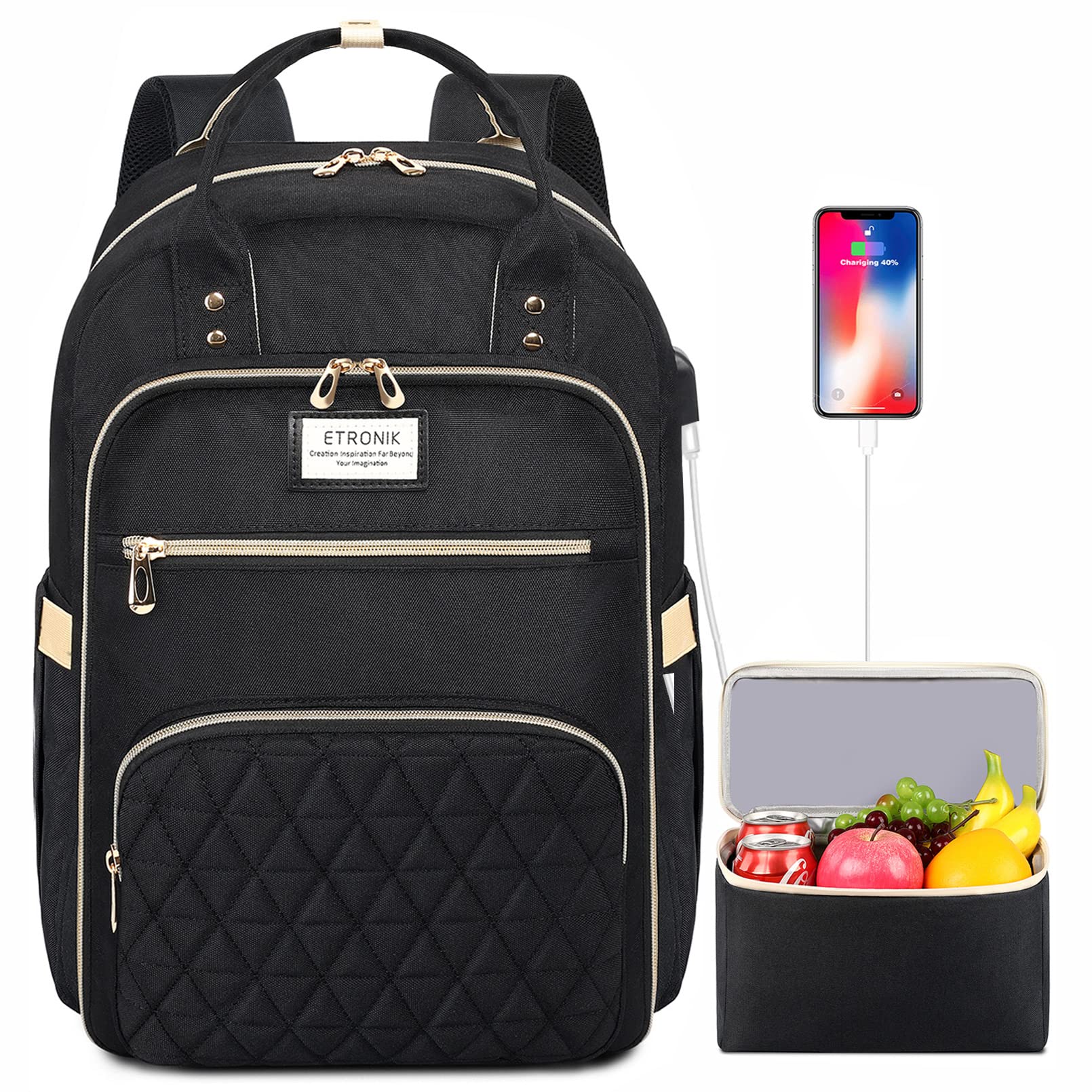 ETRONIK 17.3 Inch Laptop Backpack for Women & Men with USB Charging Port & Insulated Lunch Cooler - Waterproof Travel Backpack for Work, School, Nursing, Teaching - Perfect Commuter & Business Gift (Black)