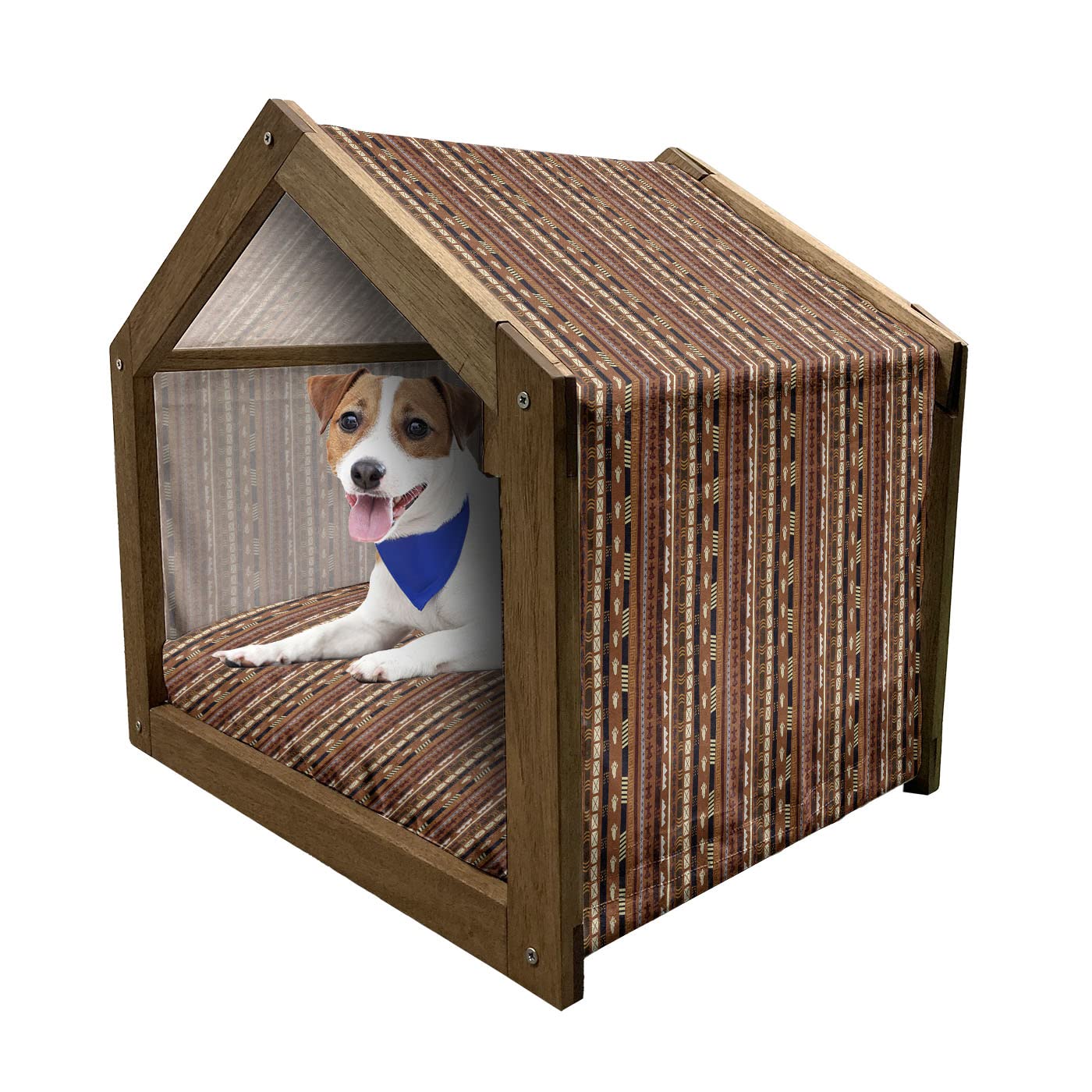 Ambesonne Tribal Wooden Pet House - Vintage Striped Dog Kennel with Pillow & Cover, Portable Indoor/Outdoor Dog Bed for Small Breeds - Perfect for Home, Patio, or Travel Use