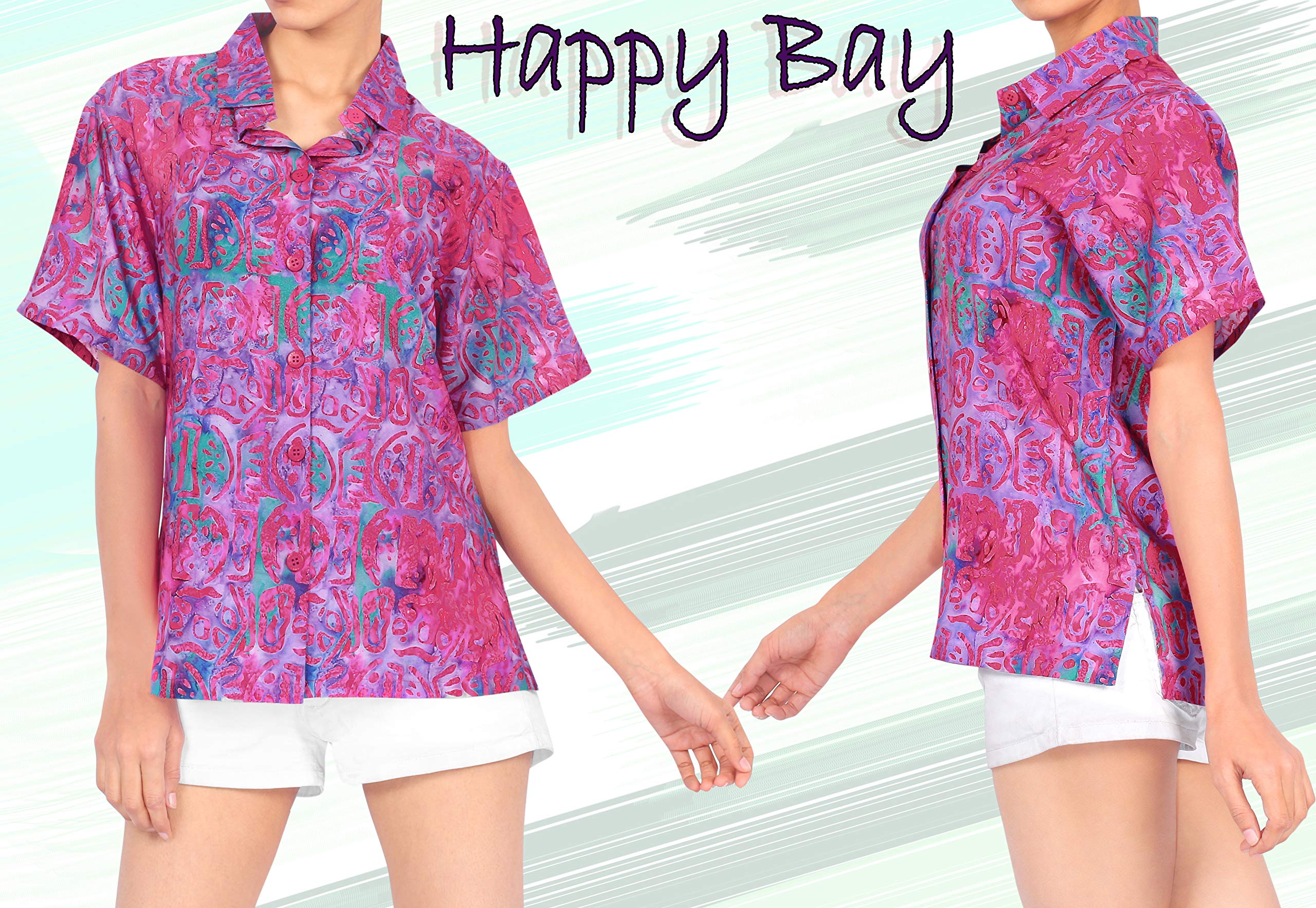 Happy Bay Women's Short Sleeve Hawaiian Shirt - Floral Print Beach Blouse for Summer Vacation, Pool Party & Tropical Getaway
