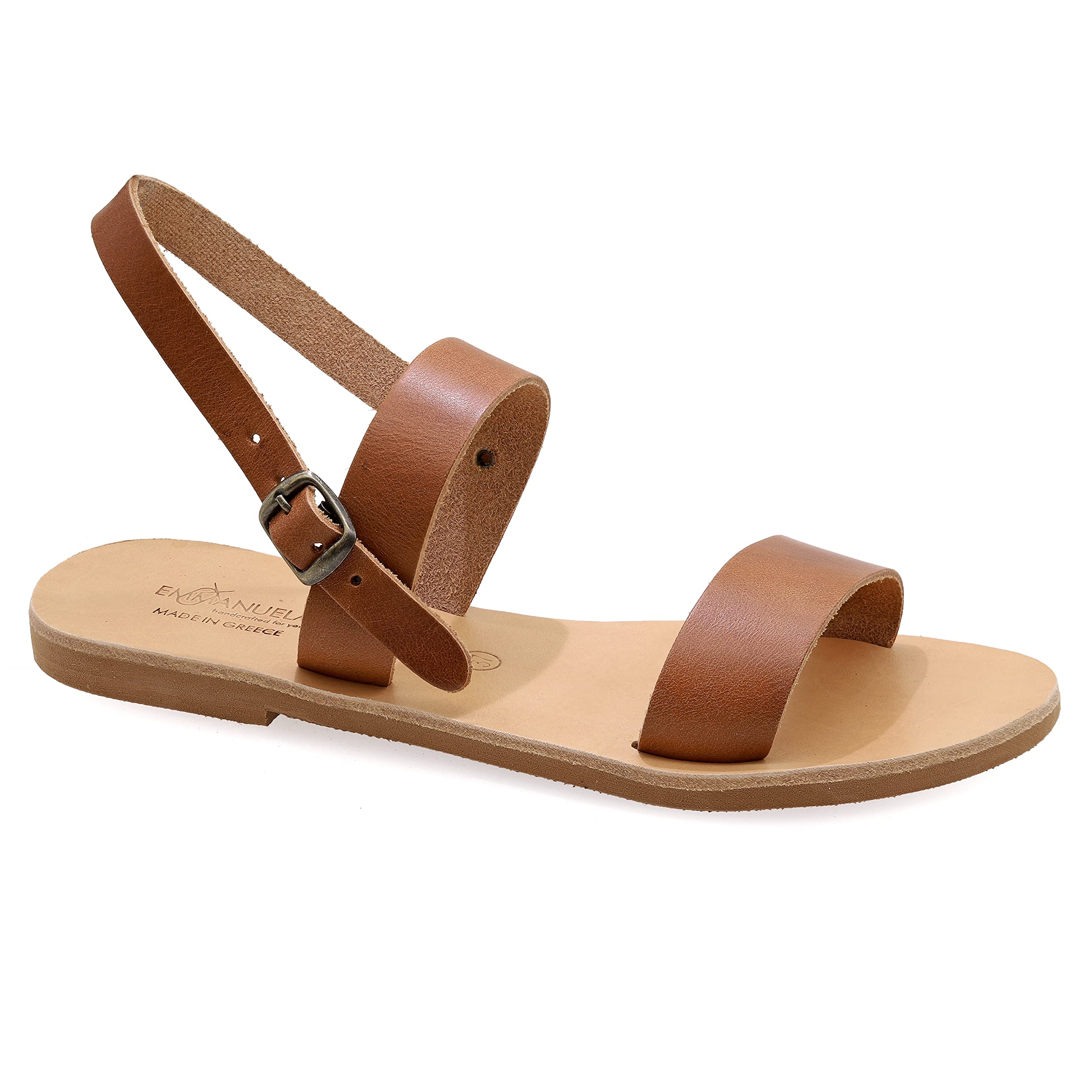 Emmanuela Greek Handmade Leather Flat Sandals for Women - Adjustable Buckle Strap, Open Toe Strappy Boho Chic Slingback Sandals | Comfortable Summer Shoes for Beach, Vacation & Casual Outings