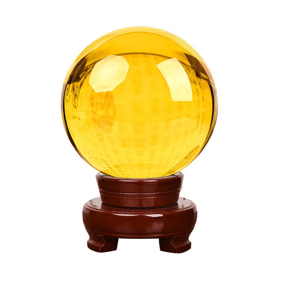 150mm Large Yellow Crystal Ball with Wooden Base - Feng Shui Decor, Meditation Tool, Home & Office Desk Ornament for Good Luck & Positive Energy
