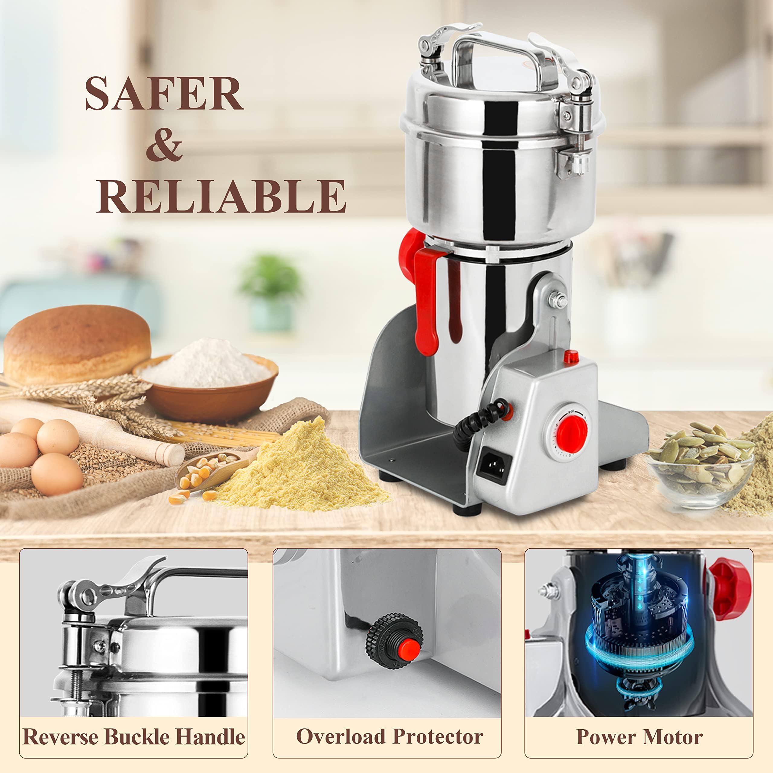 750W Electric Grain Grinder & Spice Mill - 304 Stainless Steel Commercial Grinding Machine for Coffee, Herbs, Rice & Pepper - High Speed 2600 RPM Kitchen Appliance for Home & Restaurant Use