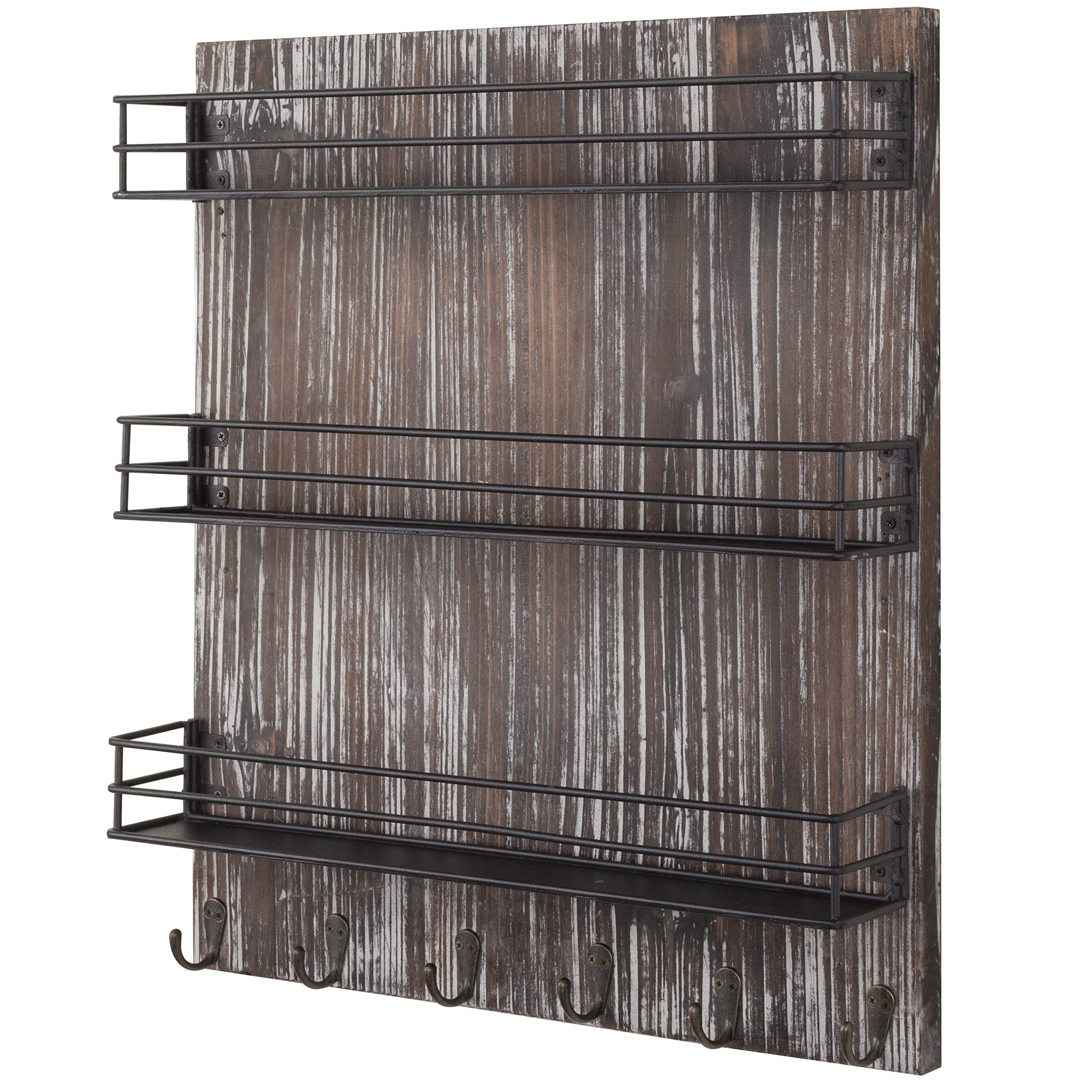 MyGift 3-Tier Black Metal Wall-Mounted Spice Rack Organizer with Torched Wood Finish, 6 Hooks & Seasoning Jars - Space-Saving Kitchen Storage for Spices, Utensils & Cooking Essentials - Perfect for Small Kitchens, Pantries & RV Cooking Spaces