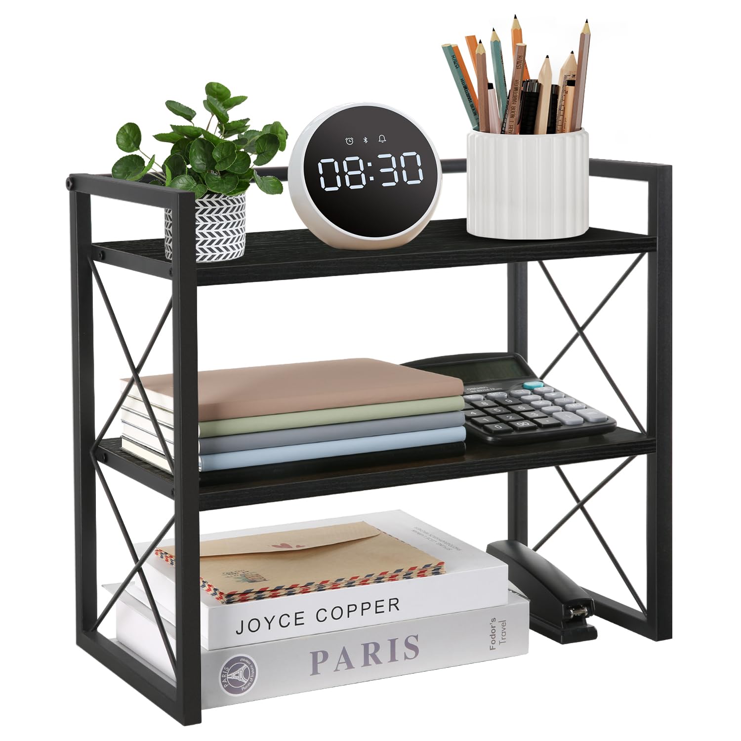 YINMIT 2-Tier Wooden Desktop Shelf Organizer - Black Office Desk Storage Rack & Freestanding Display Shelf for Home, Dorm, Workspace | Perfect for Organizing Books, Supplies & Decor