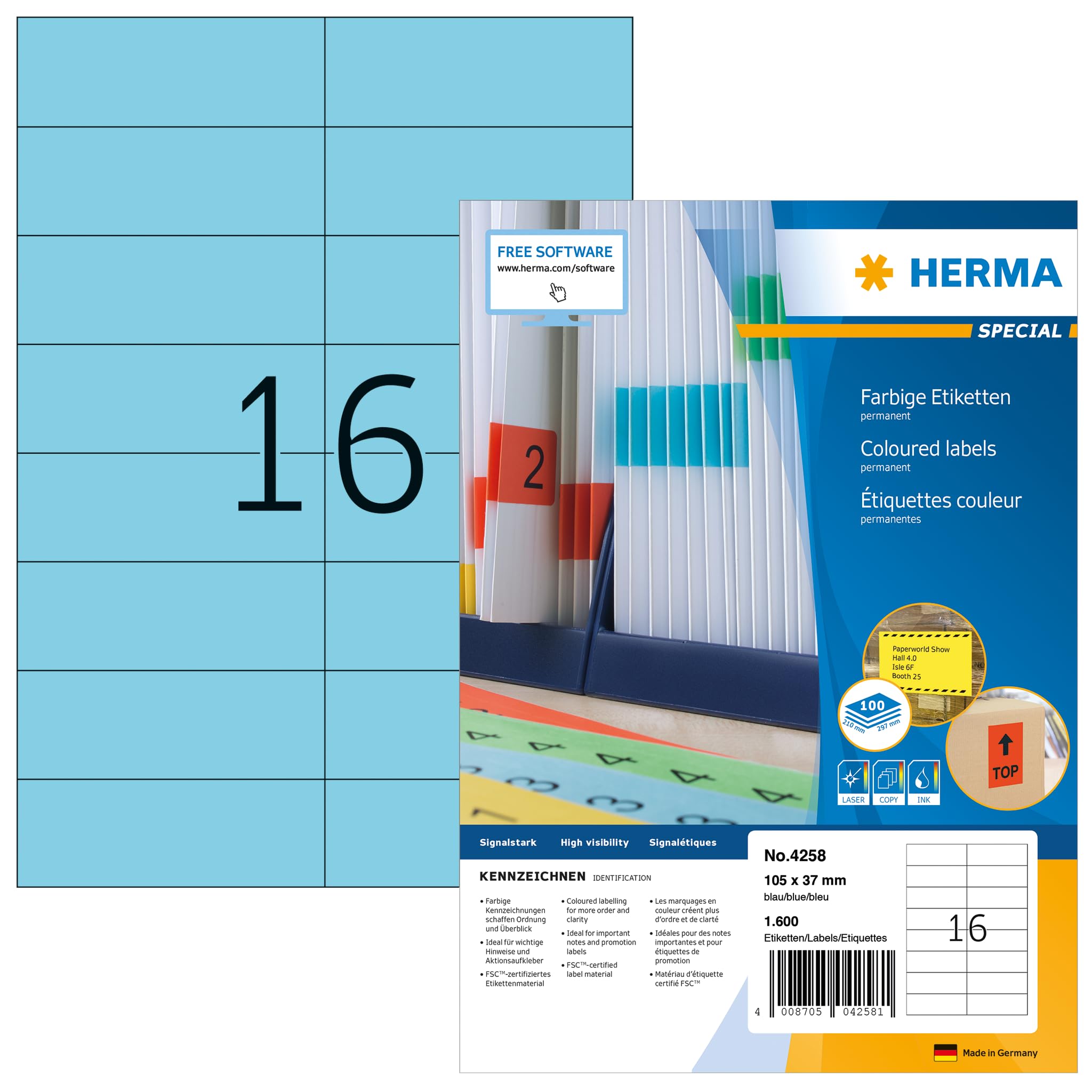 HERMA 4258 Self Adhesive Colored Labels - 16 Labels per A4 Sheet, 1400 Sheets (22,400 Labels), 105x37mm Blank Color Stickers for Laser & Inkjet Printers - Blue - Perfect for Office Organization, Shipping Labels, and Product Packaging