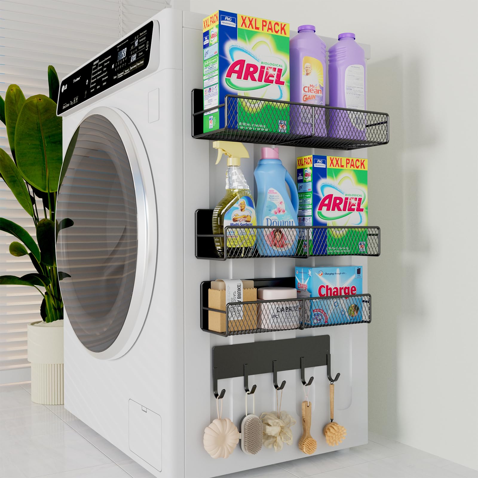 4 Pack Heavy-Duty Magnetic Shelves for Washing Machine & Refrigerator - Laundry Organizer with Hooks, Metal Storage Baskets for Closet & Laundry Room Organization (Black) - Perfect for Small Space Storage, Bathroom & Kitchen Organization