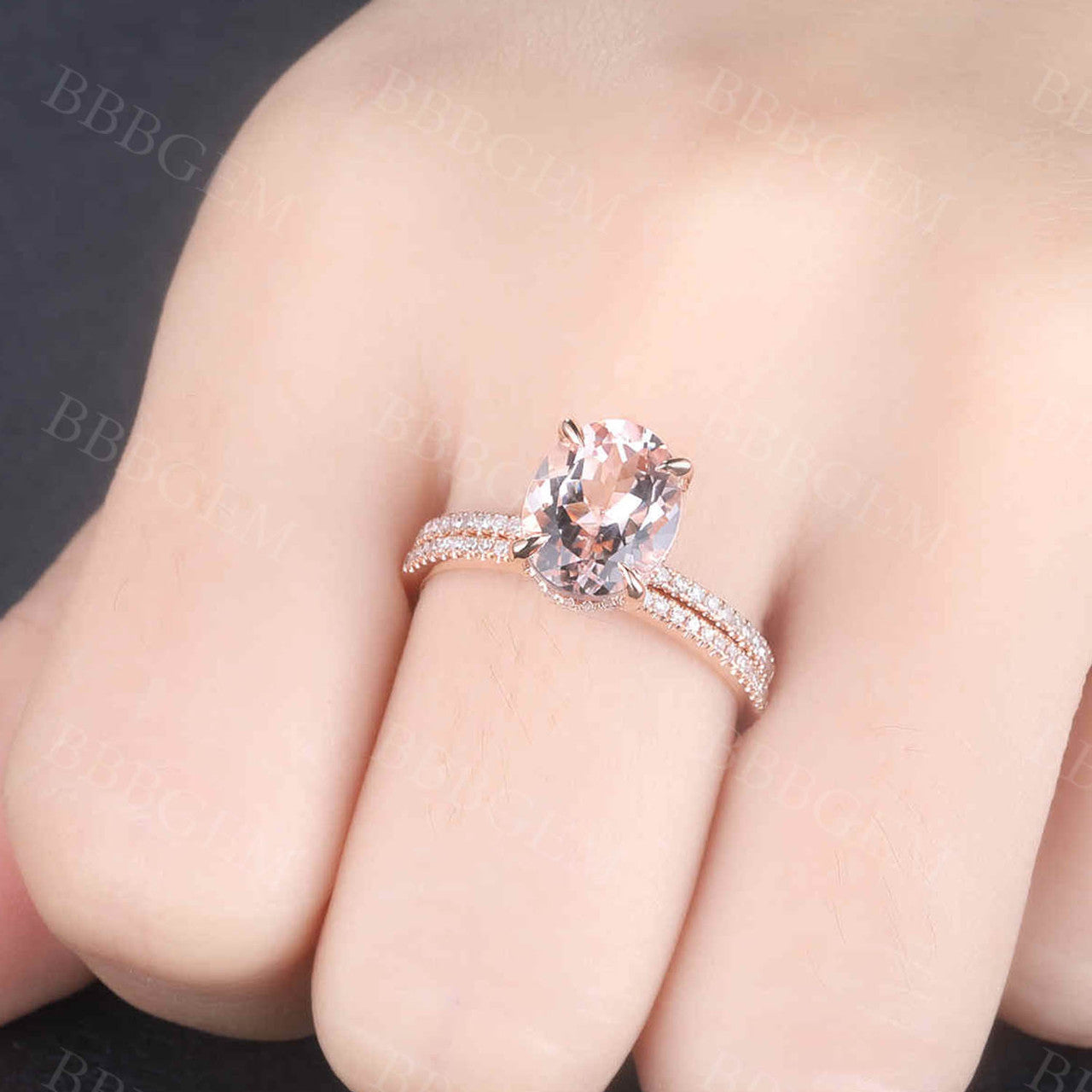 Rose Gold Morganite & Diamond Wedding Ring Set - 7x9mm Oval Art Deco Stacking Band in 14K/18K Gold - Perfect for Engagement, Anniversary & Bridal Jewelry Gifts