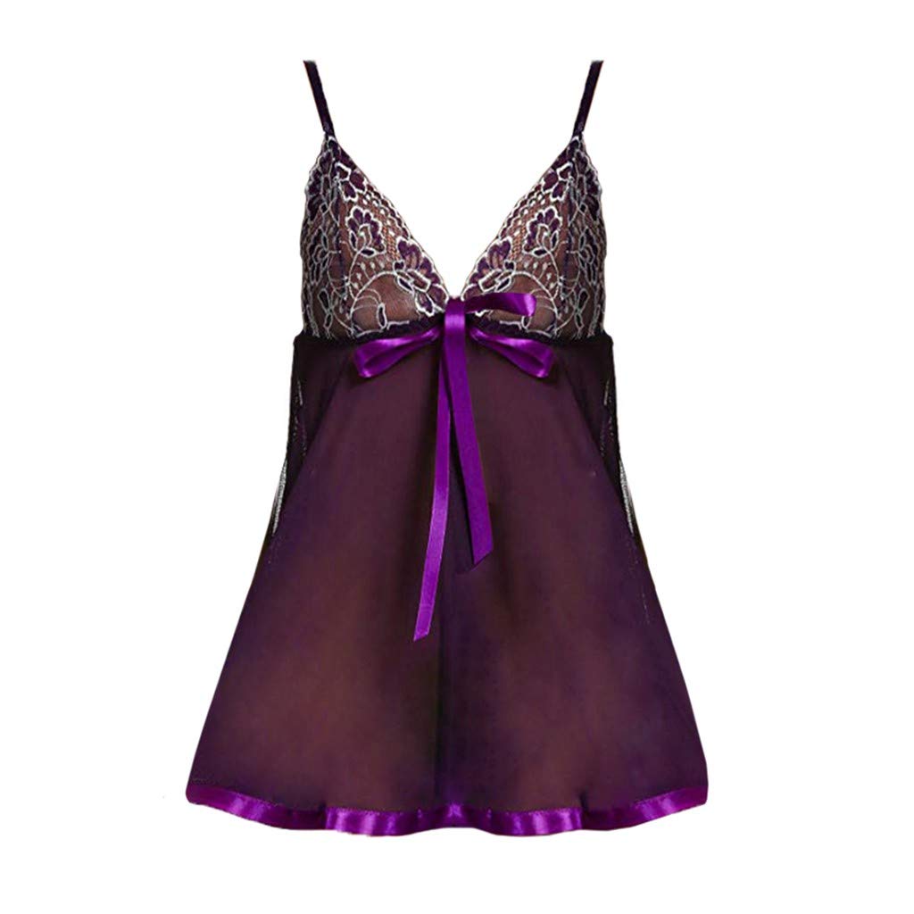 Sexy V-Neck Lace Babydoll Nightwear for Women - Mesh Sleepwear with Bowknot & Embroidery Details - Silk Lingerie for Romantic Nights & Special Occasions