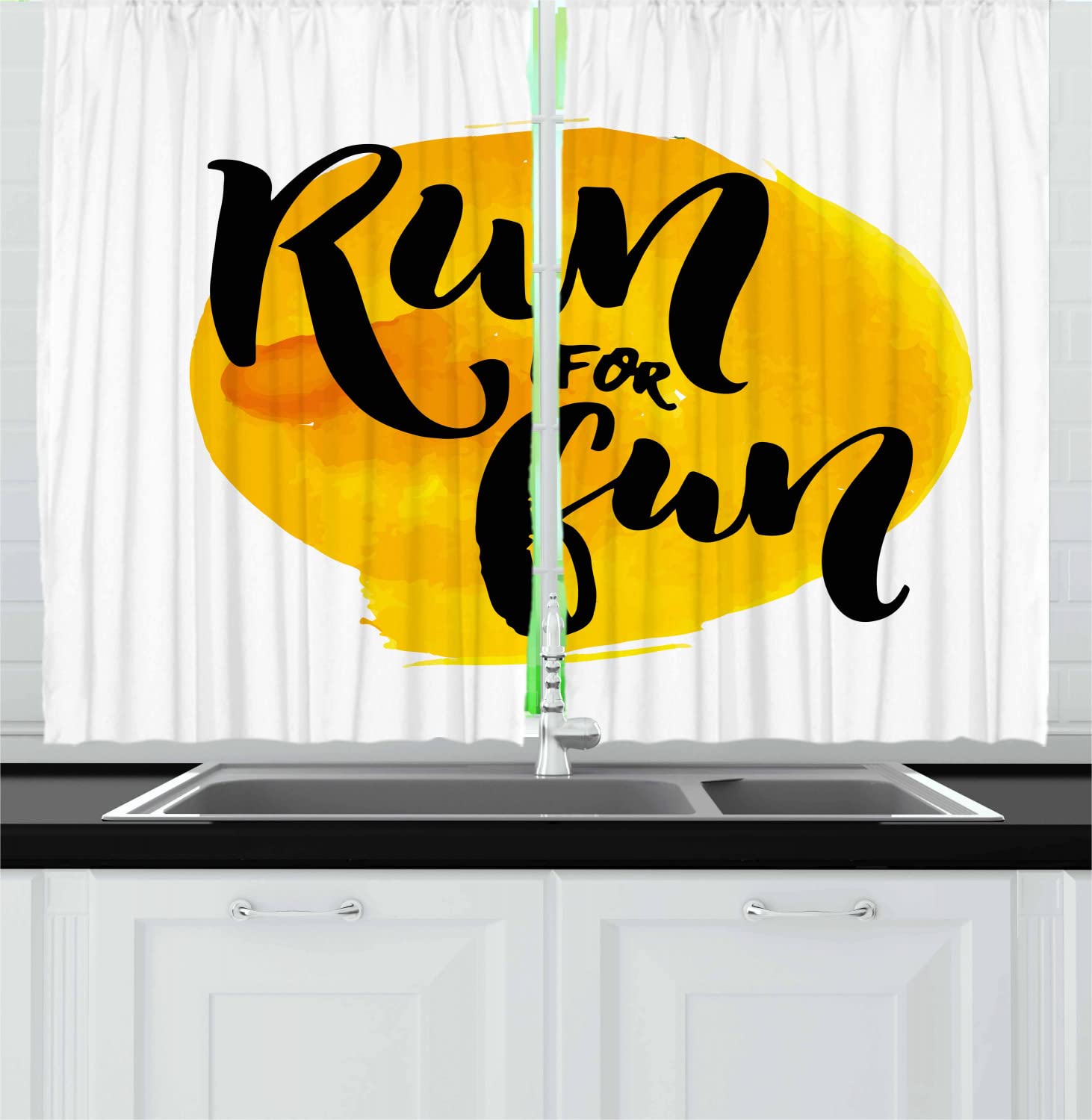 Ambesonne Inspirational Long Kitchen Curtains - Run for Fun Calligraphy Yellow Brushstrokes Design, 2 Panel Drapes with Rod Pocket, 55 x 45 Inches, Black White & Yellow - Perfect for Modern Kitchens, Dining Rooms & Home Decor