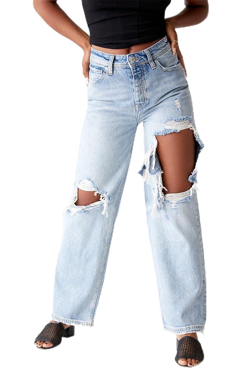 Free People Thrift Store Vintage Straight Leg Jeans for Women - Distressed Denim Pants for Casual Outfits & Boho Style