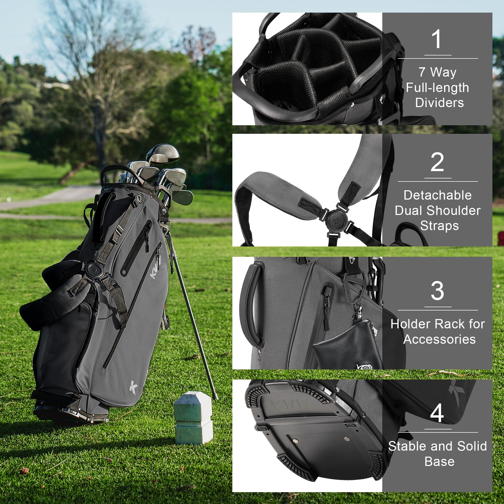 KVV Lightweight Golf Stand Bag with 7-Way Full-Length Dividers & 5 Zippered Pockets - Auto-Adjust Dual Straps, Stylish Design - Perfect for Golfers, Tournaments & Practice Rounds