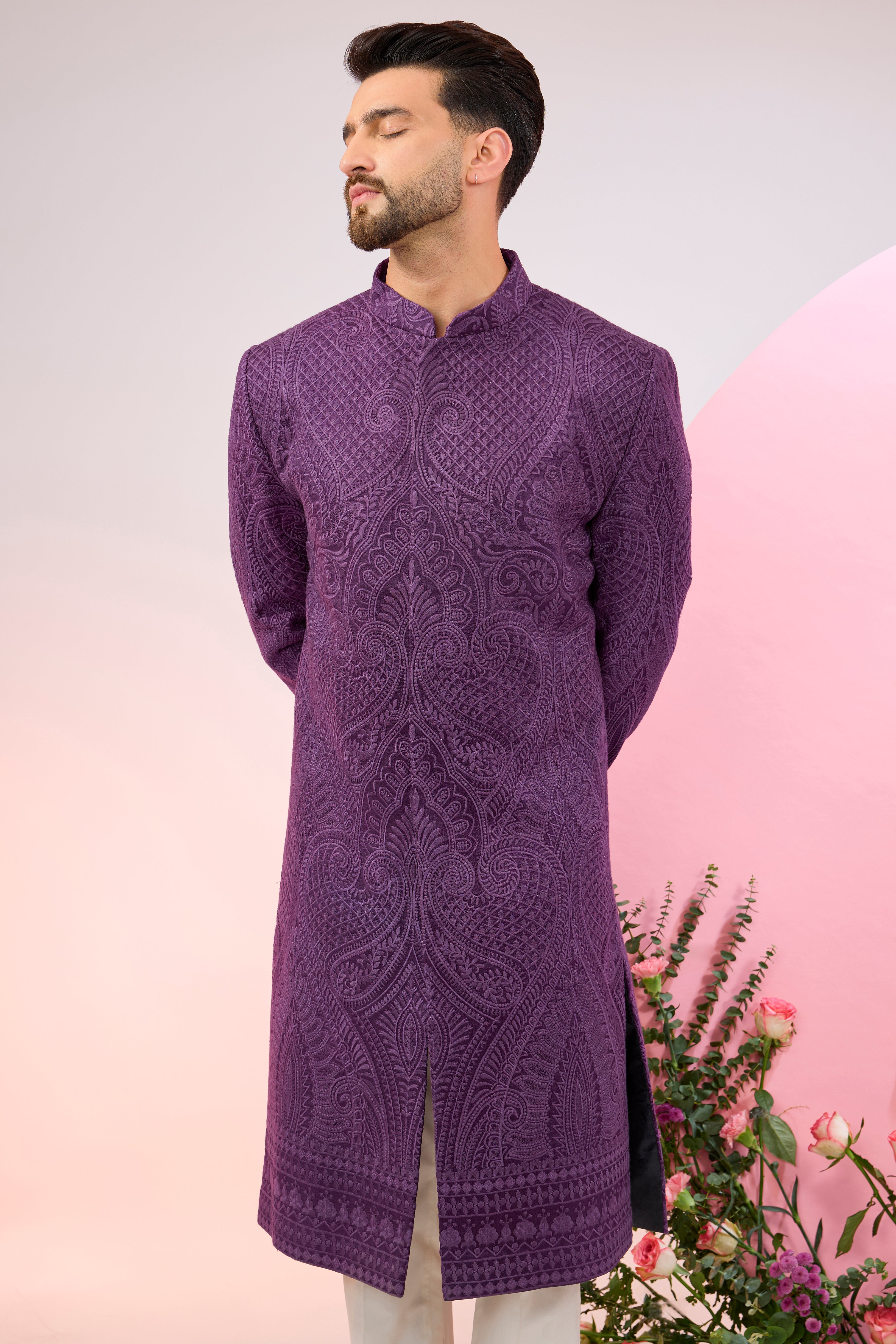 Elegant Purple Kashmiri Embroidered Sherwani with Intricate Thread Work - Traditional Indian Wedding Attire for Grooms & Special Occasions