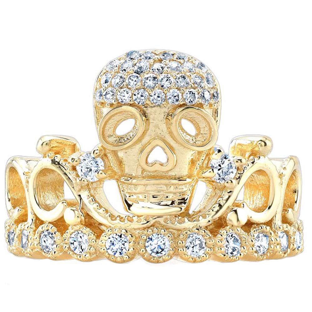 Sterling Silver CZ Skull Crown Ring - Yellow Gold Plated Gothic Jewelry for Men & Women | Punk Fashion Accessory for Halloween, Cosplay & Rock Style Outfits