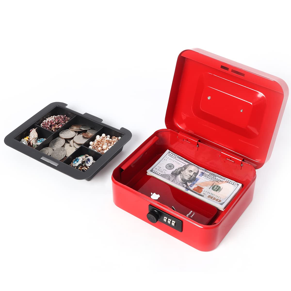 Lovndi Small Metal Cash Box with Combination Lock - 7.87 x 6.3 x 3.54 Inch Money Storage Box with Removable Tray, Secure Cash Holder for Home, Office, or Retail Use (Red)