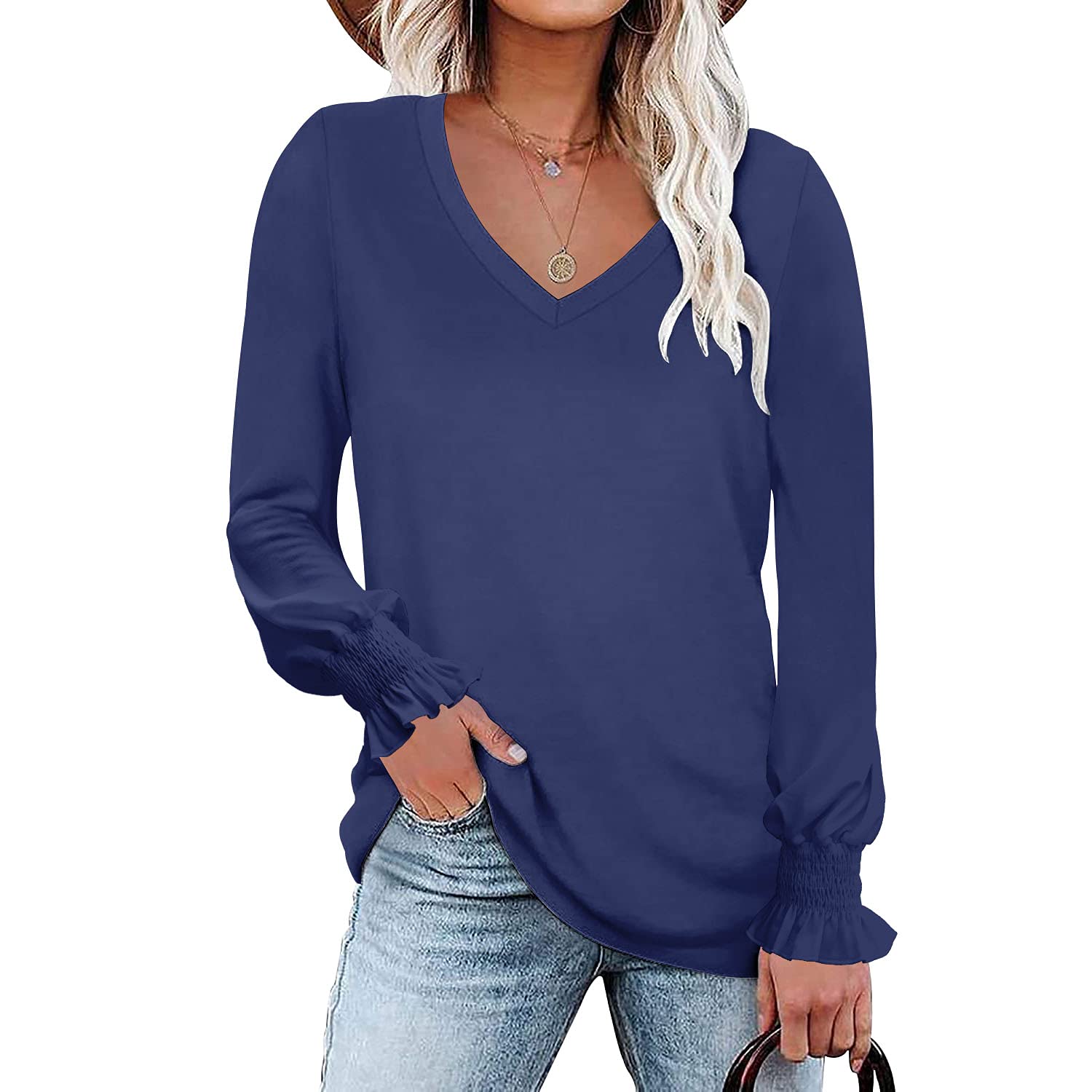 BESFLY Women's Summer V-Neck T-Shirt - Casual Puff Sleeve Long-Sleeve Blouse Tunic Top for Work, Date Night & Everyday Wear