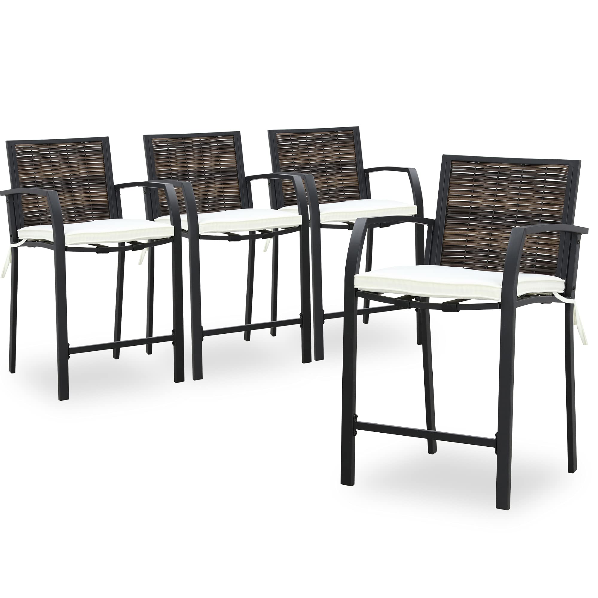PatioFestival 4-Piece Outdoor Bar Stool Set - All-Weather Cushioned Metal Patio Chairs with Wicker Back (Brown) - Perfect for Backyard, Deck, Poolside & Outdoor Entertaining