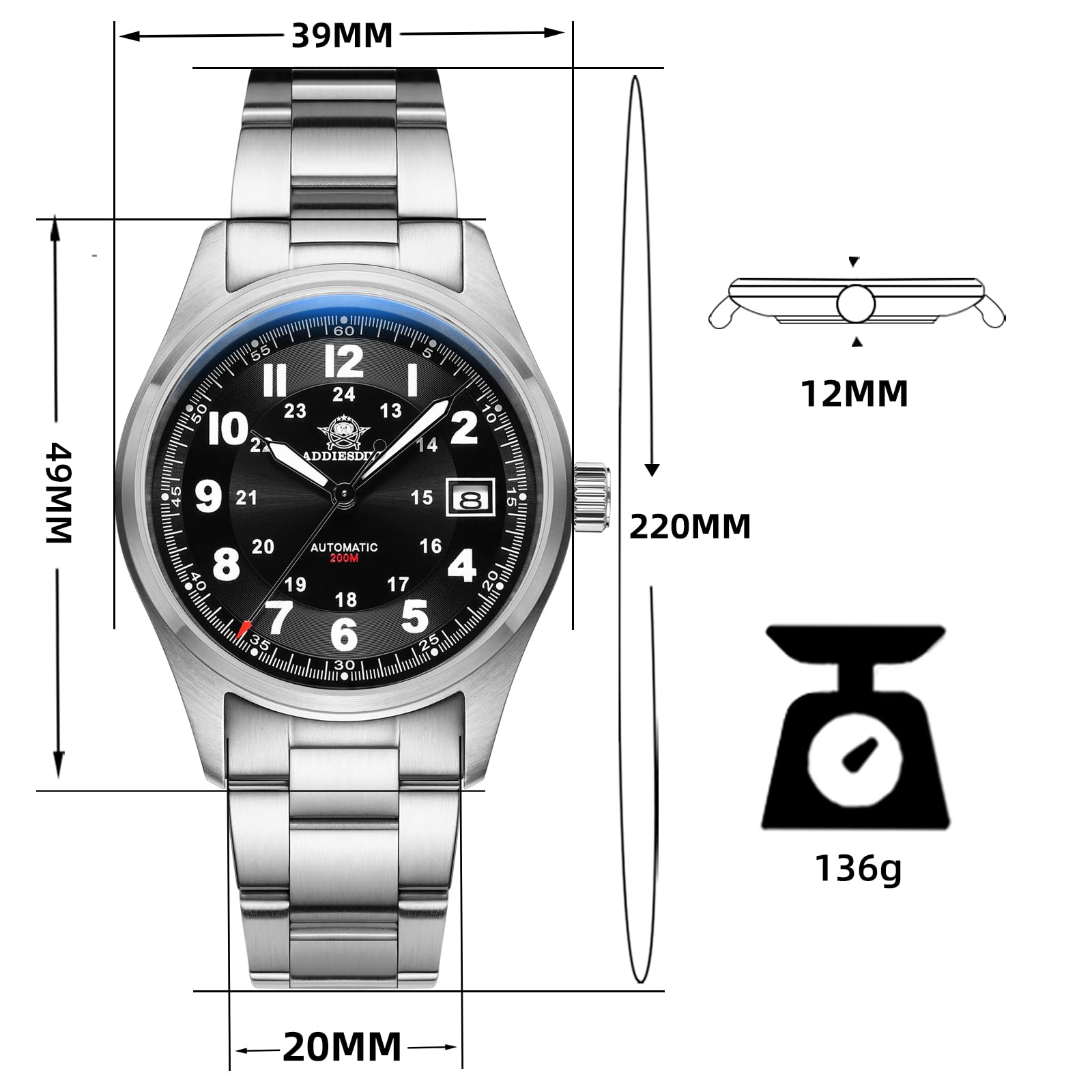ADDIESDIVE Men's Automatic Diver Watch - Stainless Steel, NH35A Movement, 200M Water Resistant, Luminous Dial | Perfect for Scuba Diving, Swimming & Everyday Wear