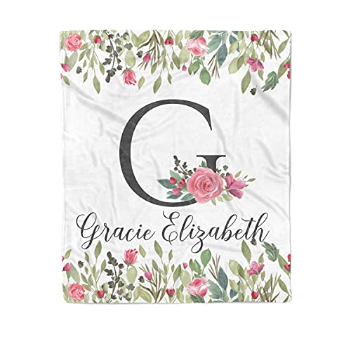 Personalized Baby Girl Floral Monogram Blanket - Pink & Green Flowers Custom Baby Shower Gift, Toddler Birthday Present - Soft Sherpa Minky Fleece Nursery Throw Blanket for Crib, Stroller & Photo Shoots